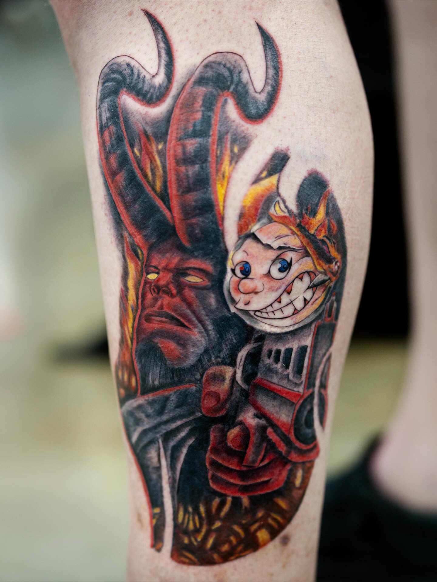Demon and cheshire cat American traditional tattoo on the forearm by ✨Jen Lochbihler✨, Dickson, Tennessee