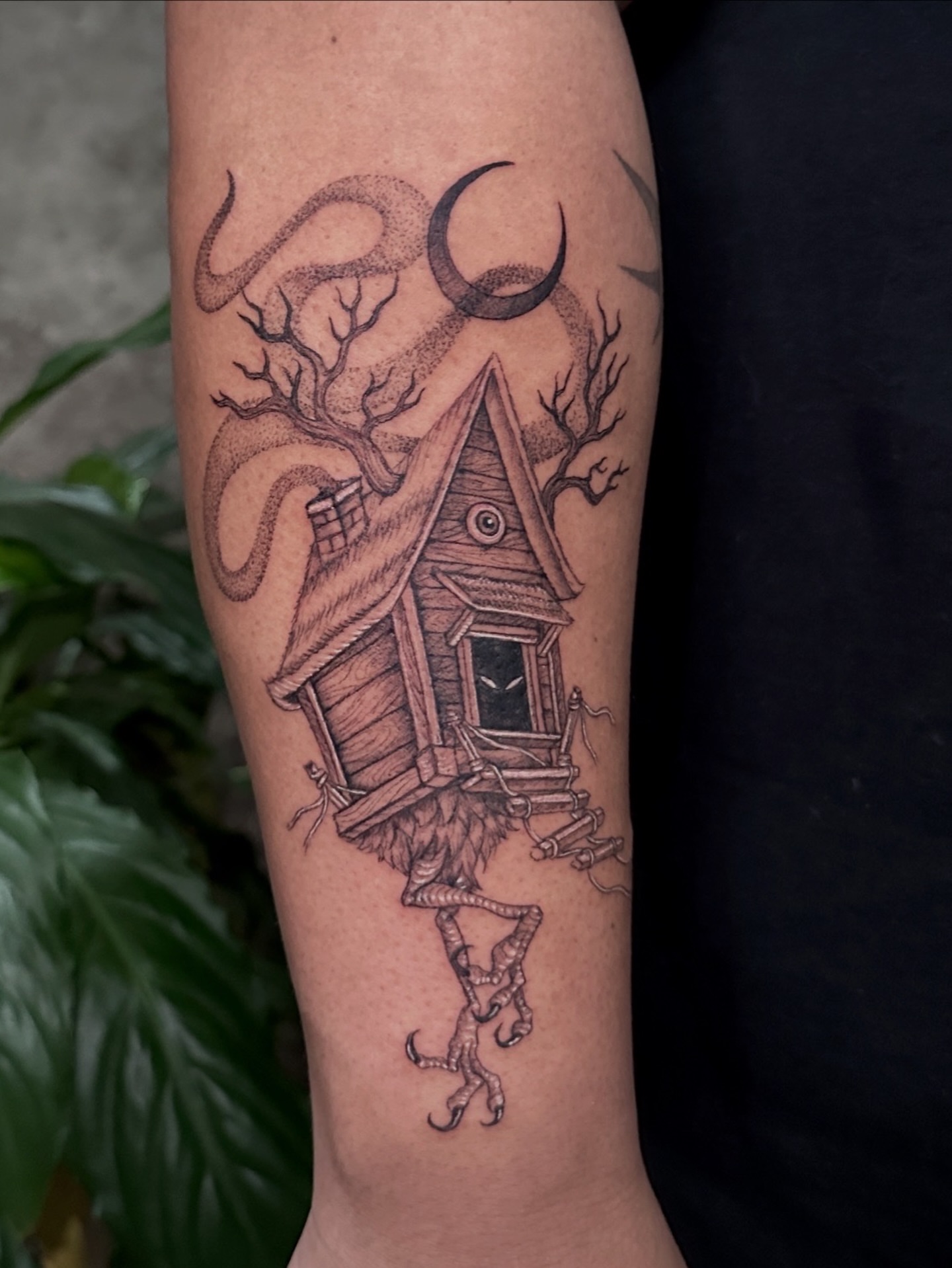 Haunted house dotwork tattoo on the forearm by Carmen Figueroa, New York, New York