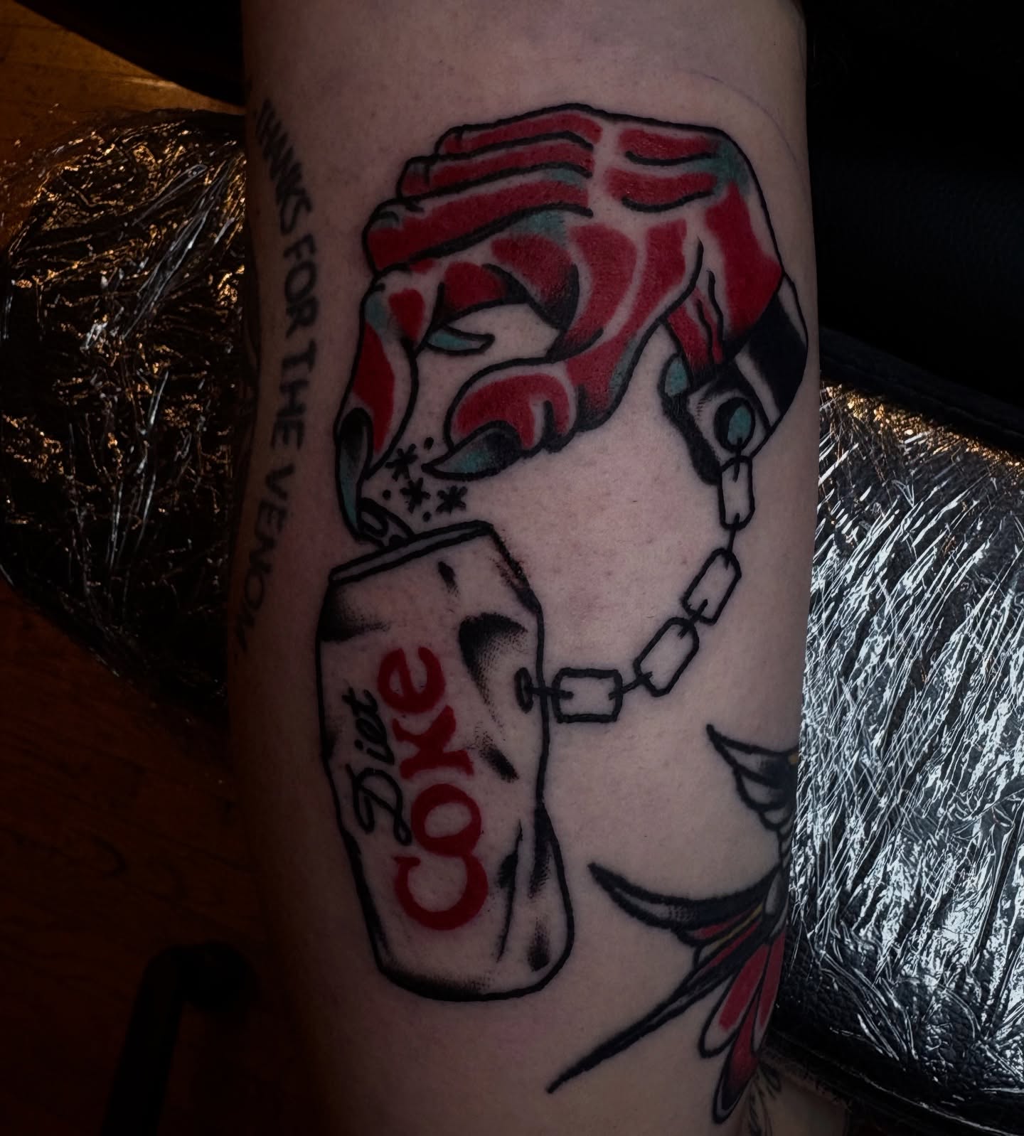 Diet Coke can American traditional tattoo on the forearm by 𓂃˚‧ 𓆸𝔏𝔦𝔫𝔷 ℭ𝔥𝔞𝔡𝔴𝔦𝔠𝔨 ੈ𑁍