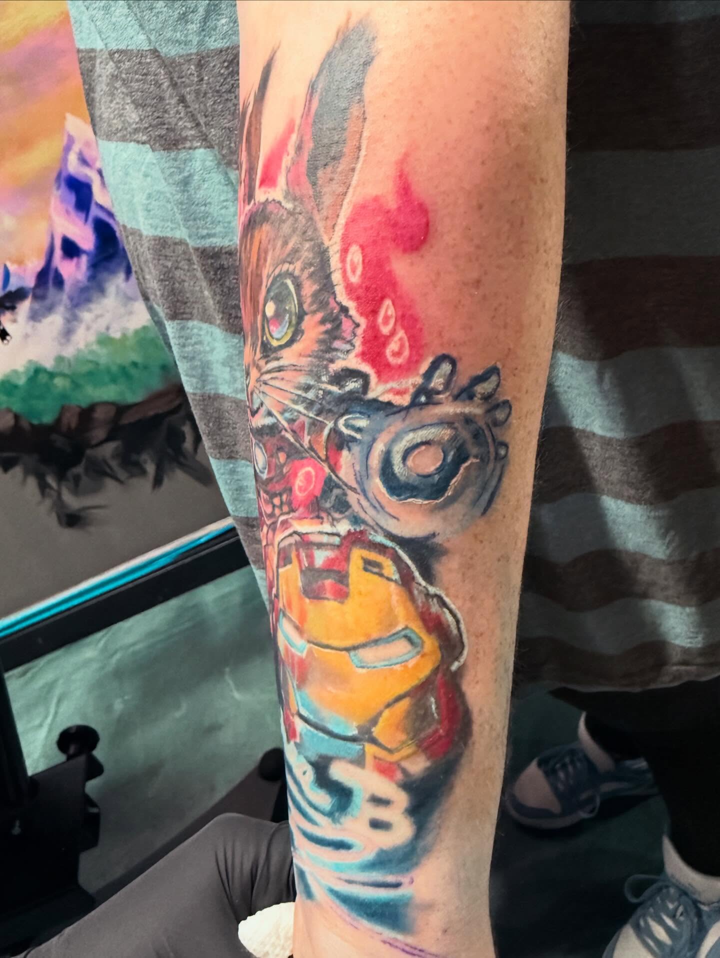 Mechanical rabbit new school tattoo on the forearm by Devon Beyer, Mission, Kansas