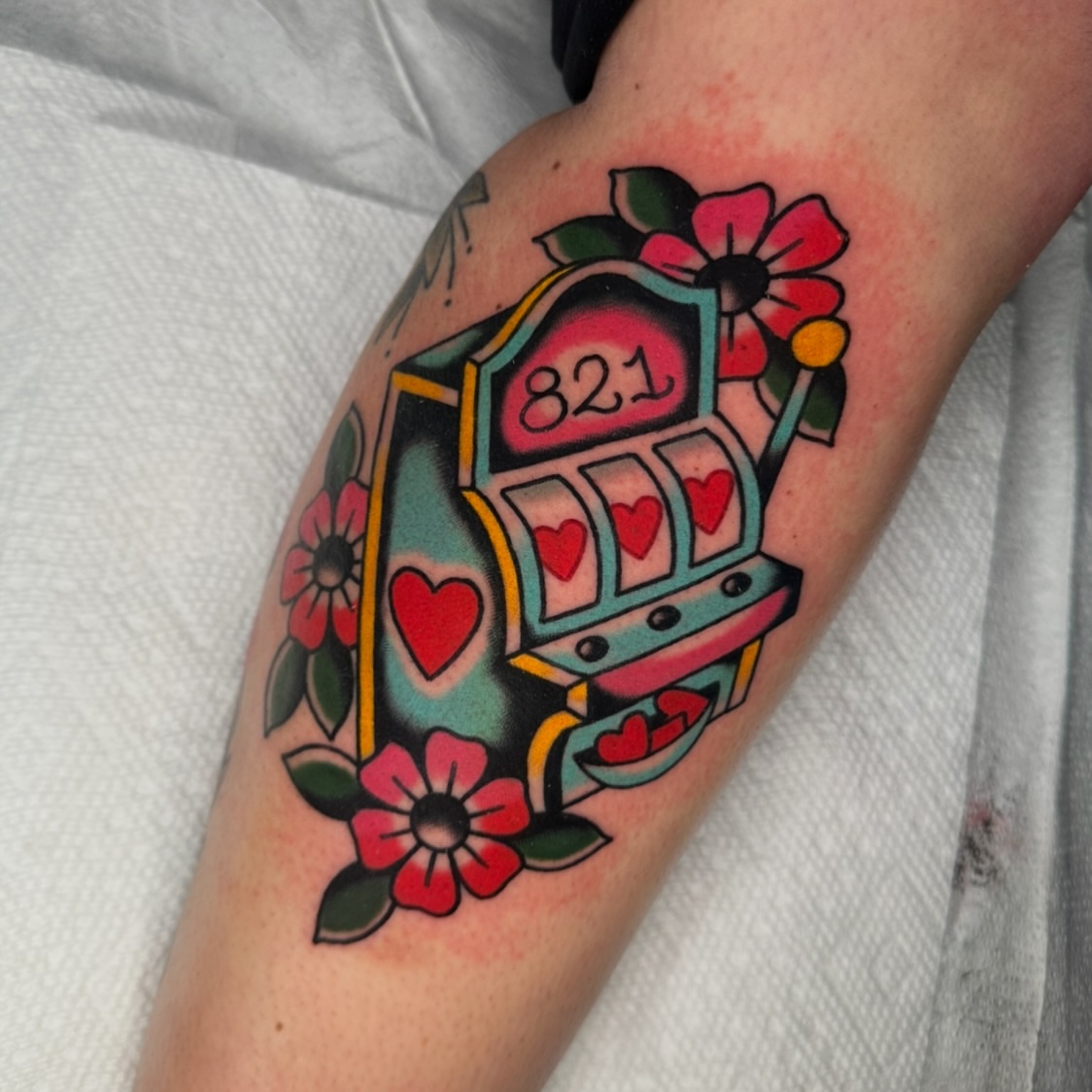 Slot machine American traditional tattoo on the forearm by Schyler Ames, Canal Fulton, Ohio