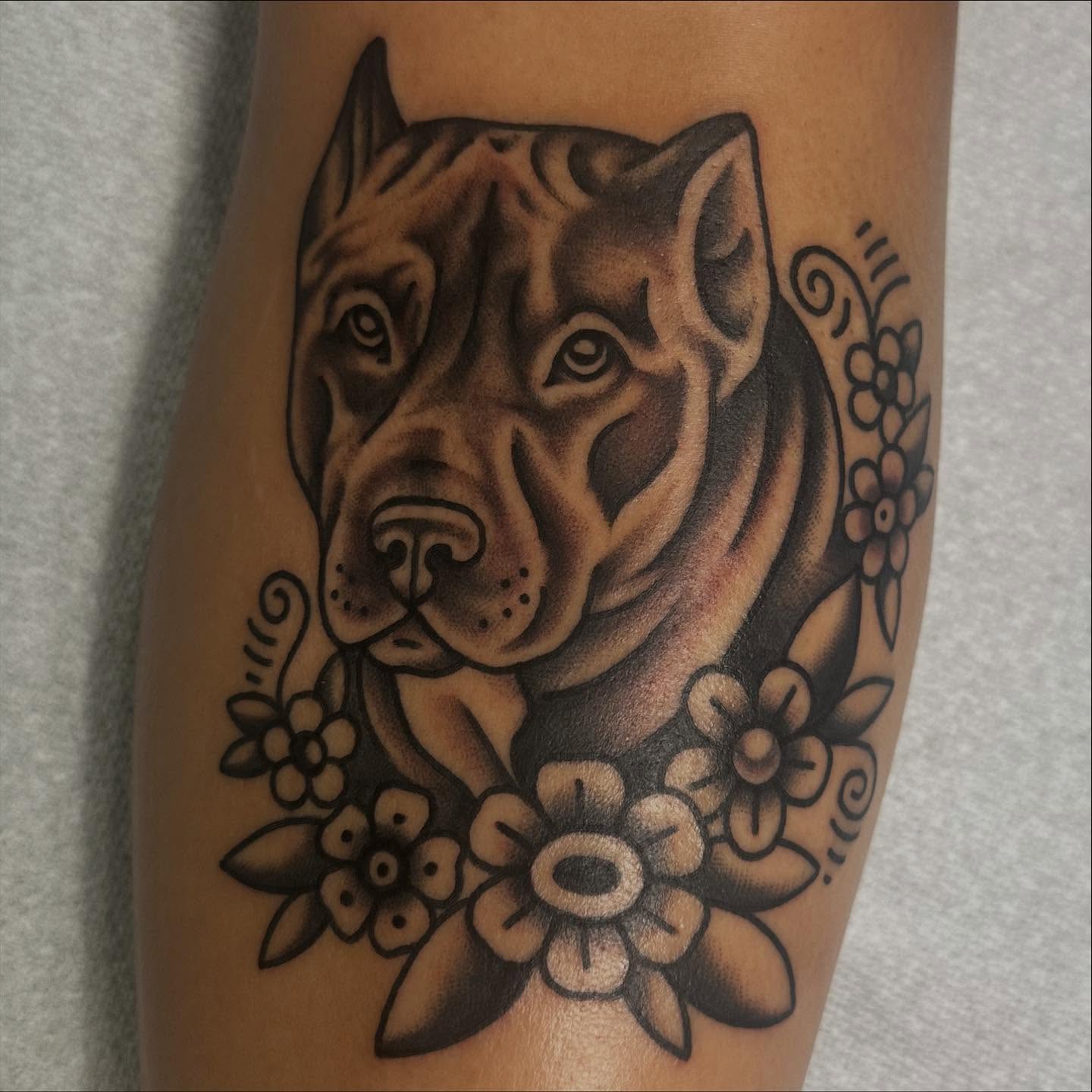 Pitbull and flowers black and grey tattoo on the forearm by Alexa Wolfkiel