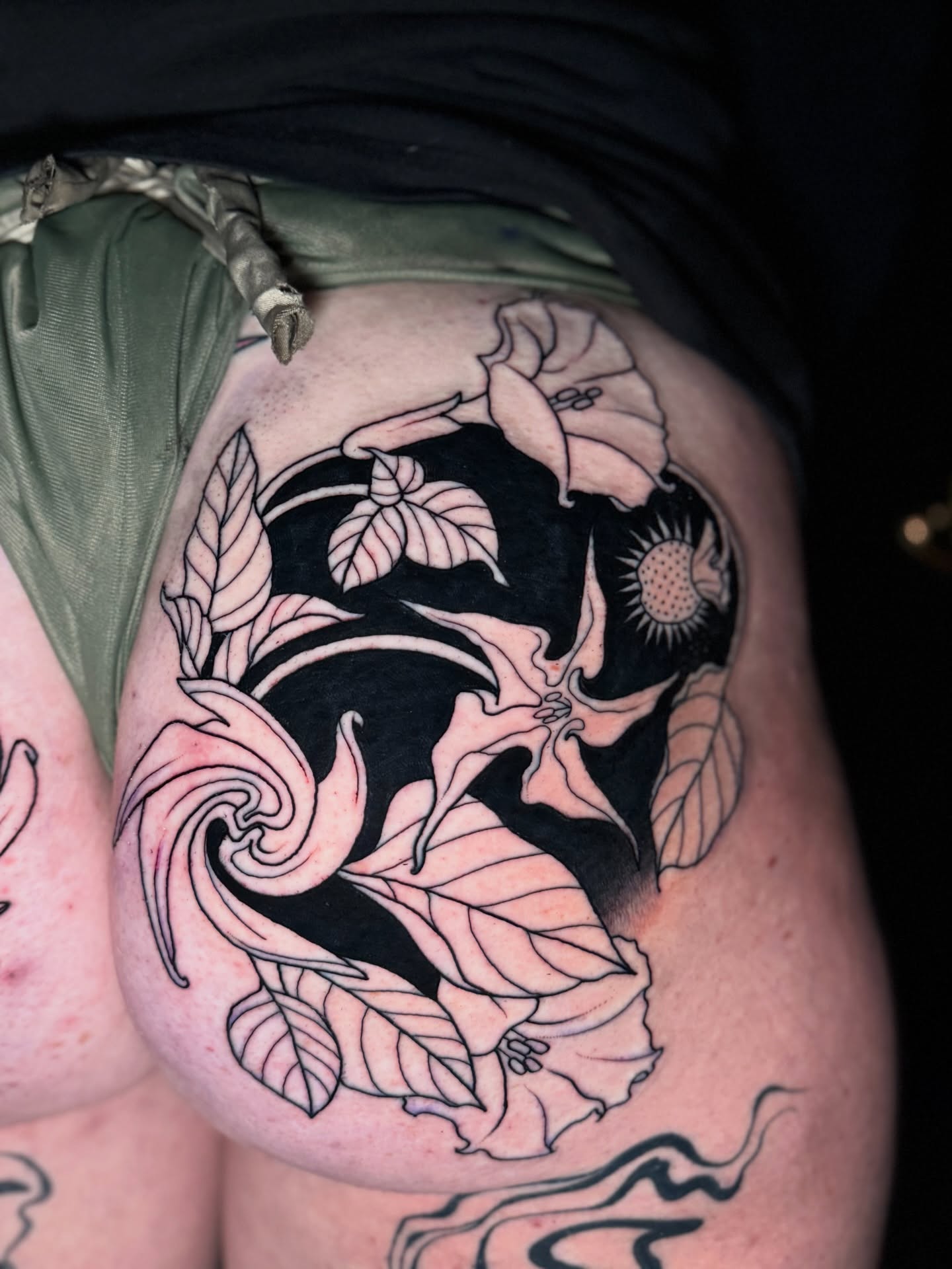Morning glory black and grey tattoo on the thigh by 🍄Annie Burkhard🍄, Indianapolis, Indiana