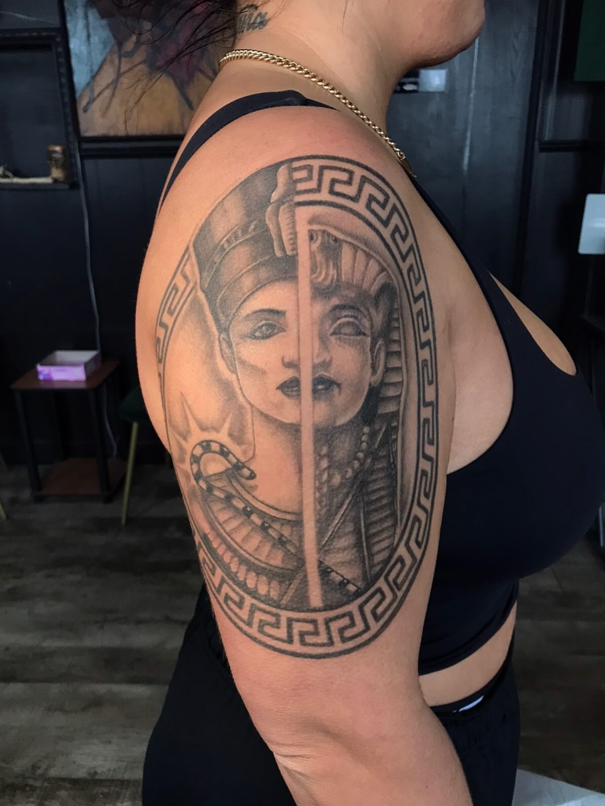 Pharaoh realism tattoo on the shoulder by Brookelyn