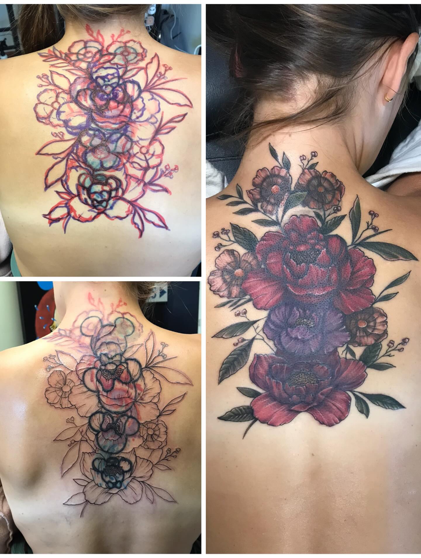 Floral bouquet new school tattoo on the back by Brookelyn