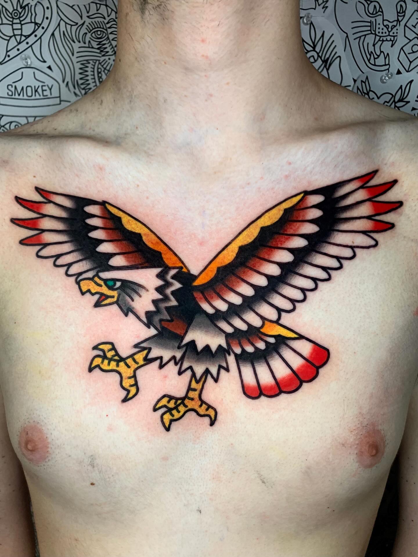 Eagle American traditional tattoo on the chest by Shawn VanKirk