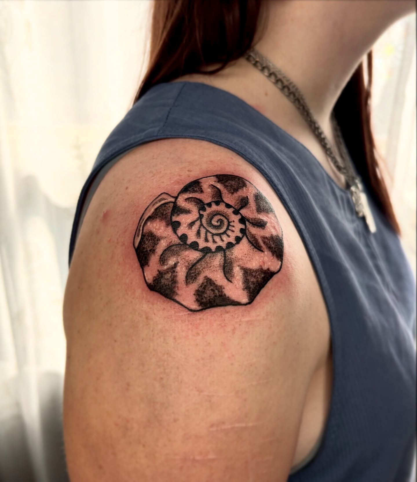 Nautilus shell black and grey tattoo on the shoulder by destiney rose
