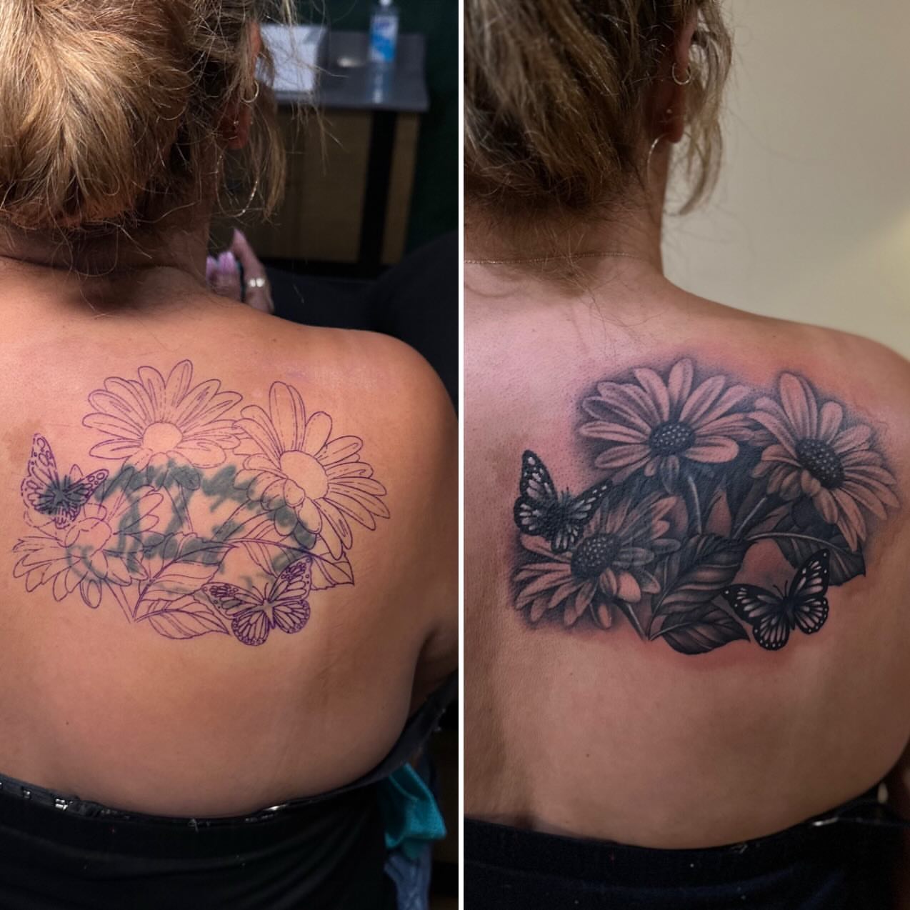 Flowers and butterflies black and grey tattoo on the back by 𝒲𝒾𝓃𝑜𝓃𝒶