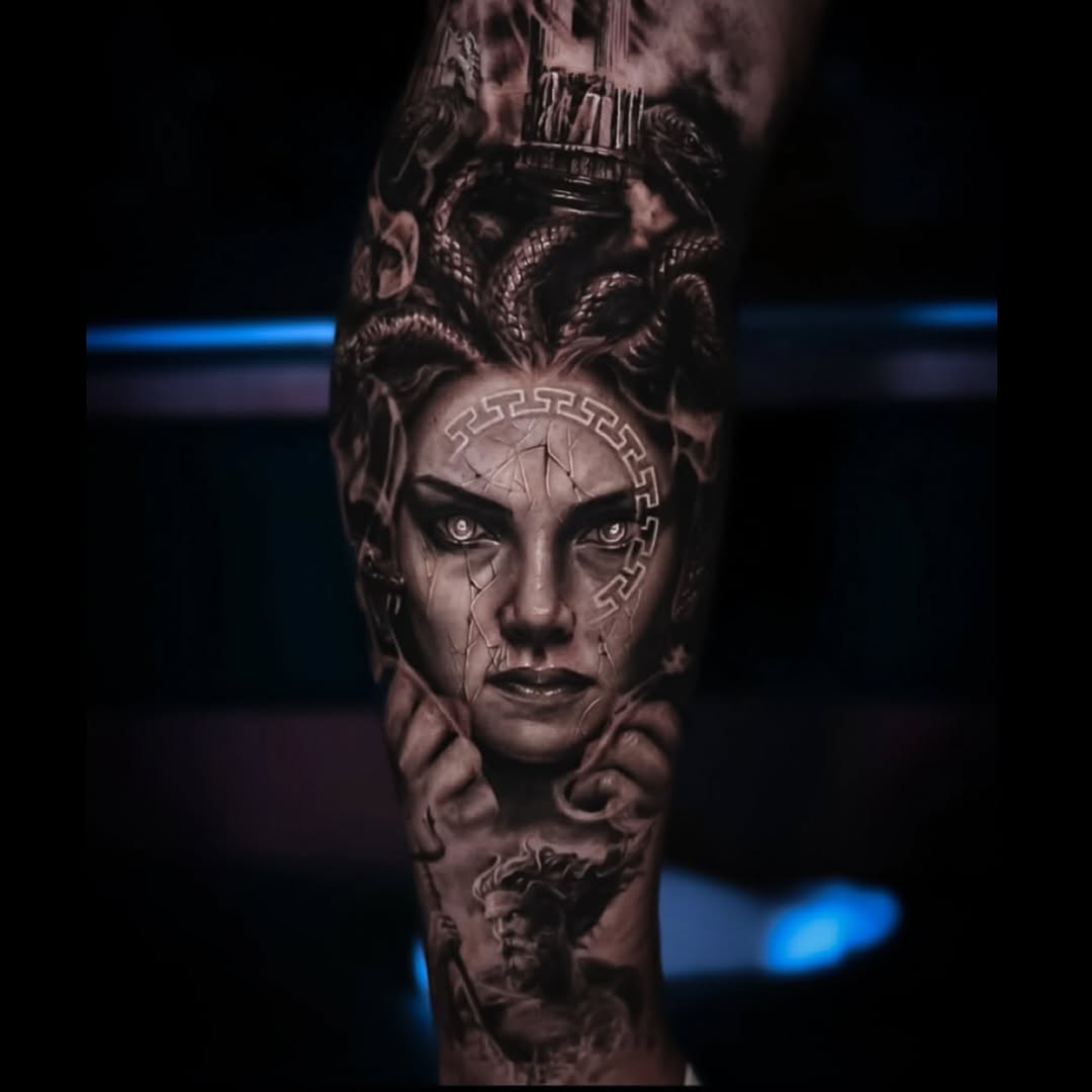 Medusa portrait realism tattoo on the forearm by Pitasso tattoo black and grey
