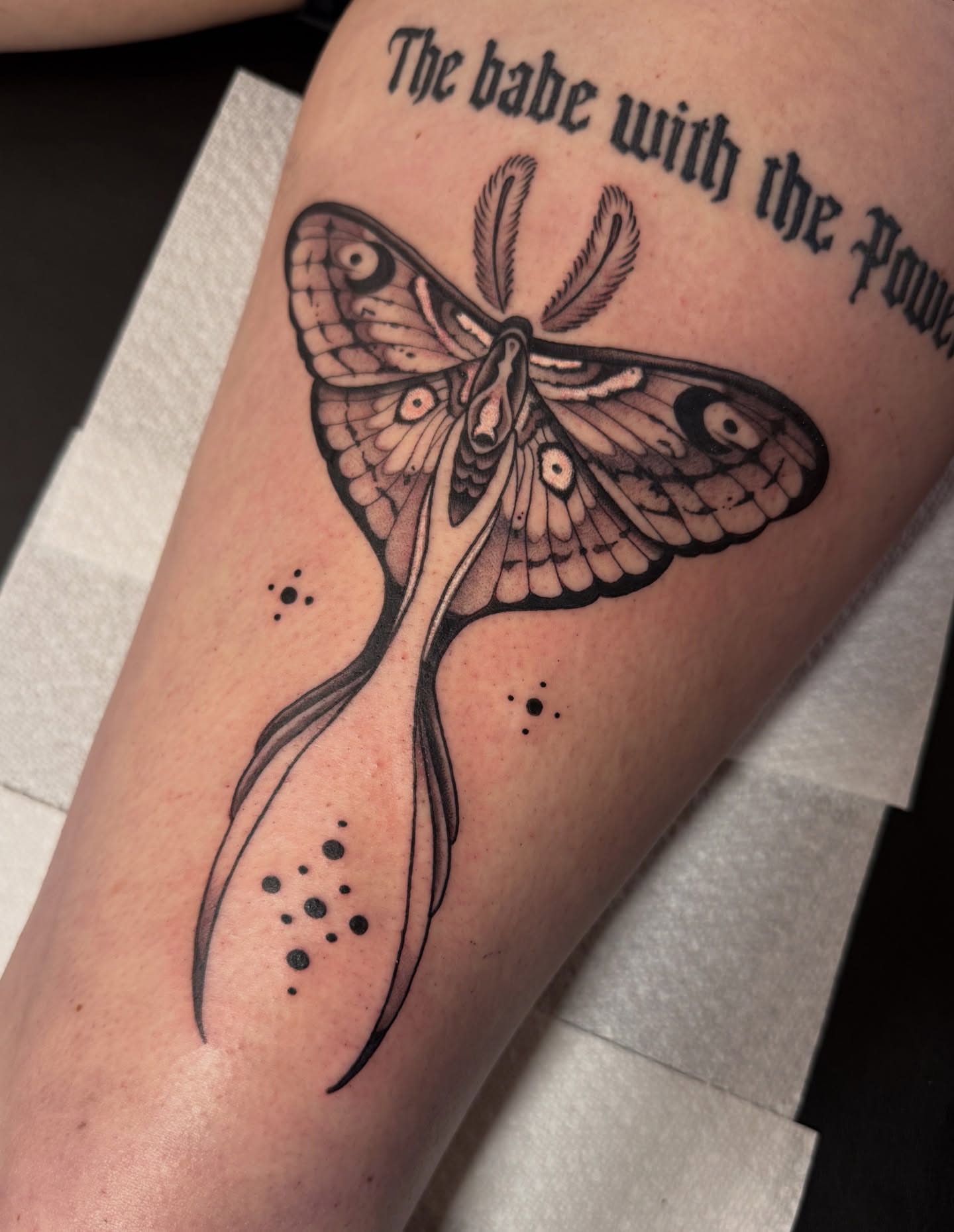 Moth dotwork tattoo on the forearm by Hannah Edwards, Austin, Texas