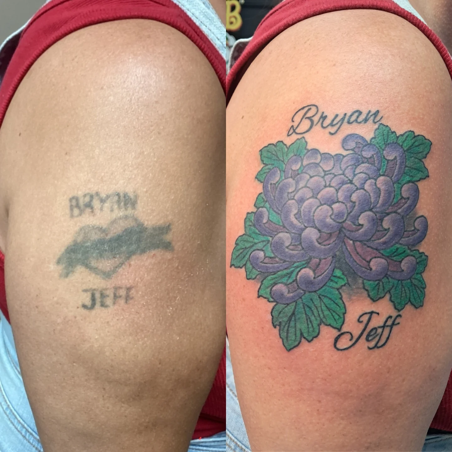 Flower new school tattoo on the thigh by Reb Fularz