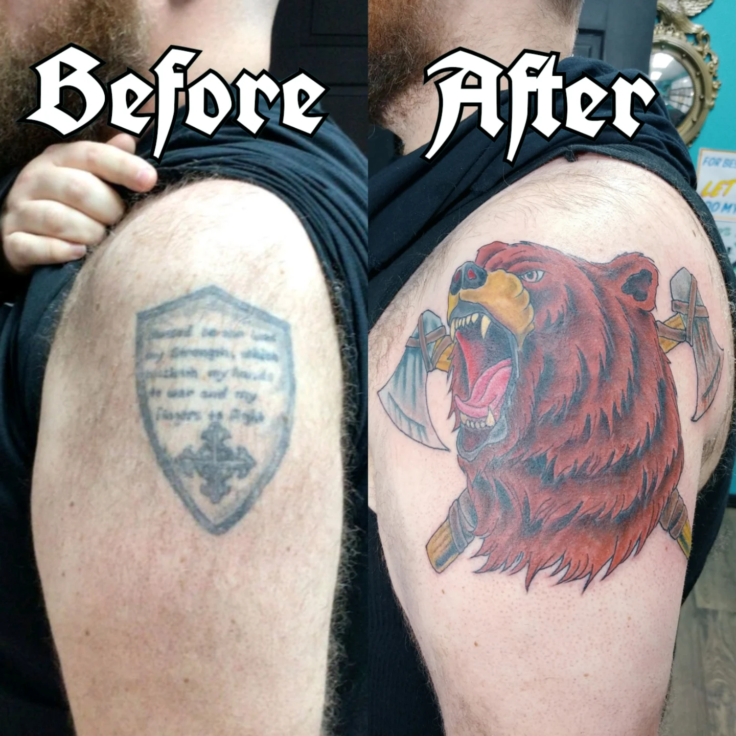 Bear and axe American traditional tattoo on the shoulder by Reb Fularz