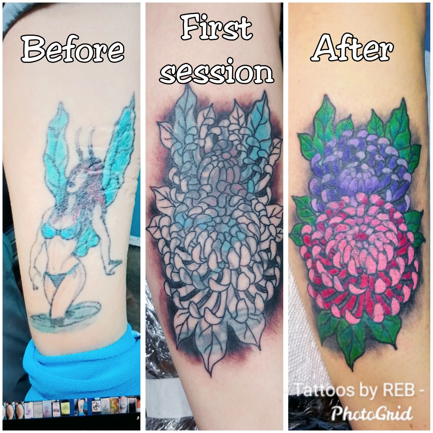 Flower bouquet new school tattoo on the forearm by Reb Fularz