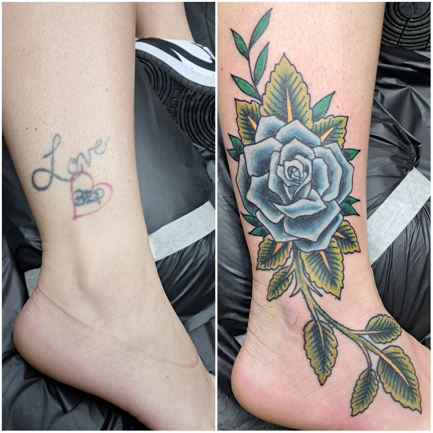 Rose American traditional tattoo on the foot by Reb Fularz