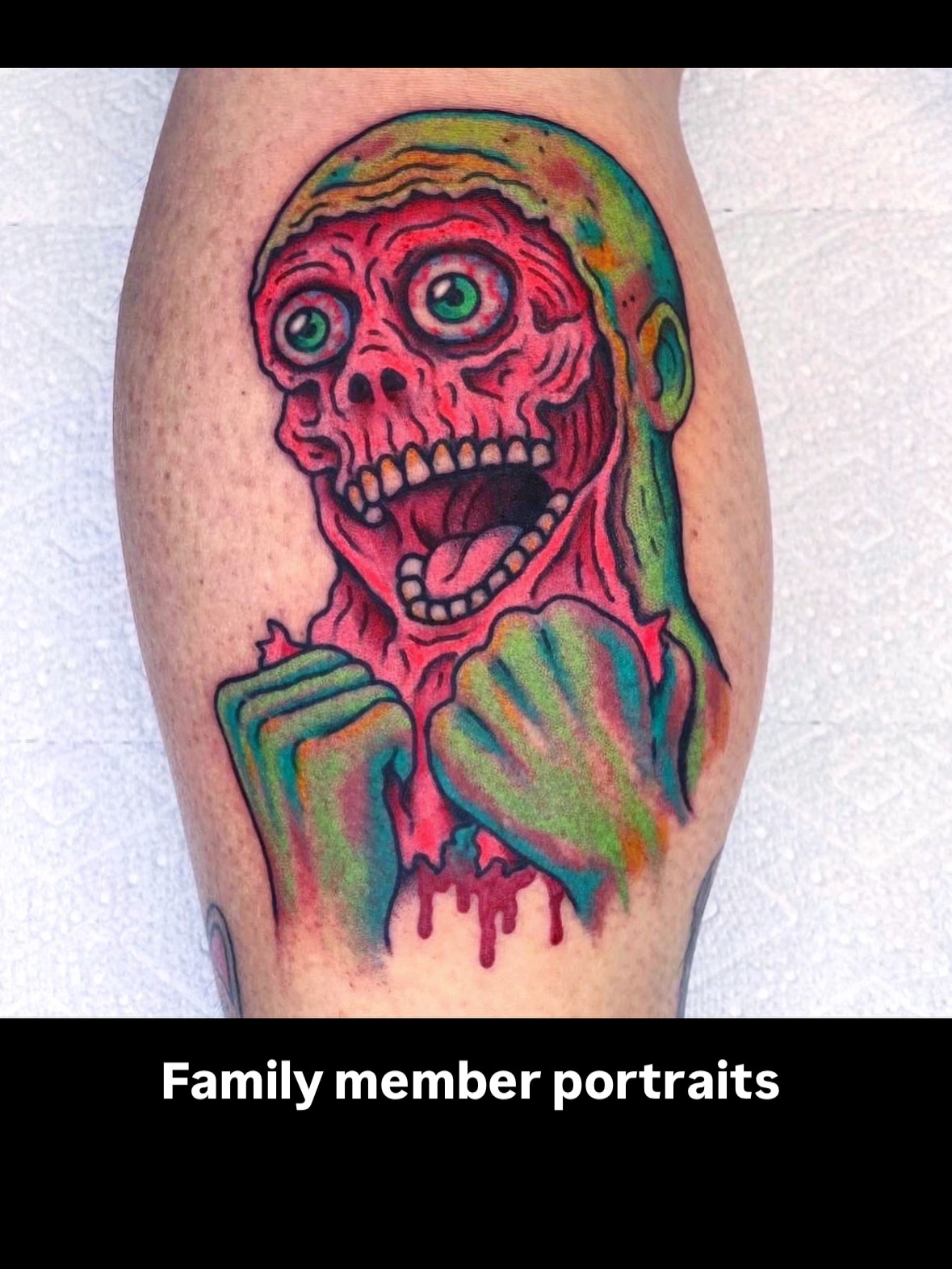 Zombie new school tattoo on the forearm by Randy Conner, Portland, Oregon
