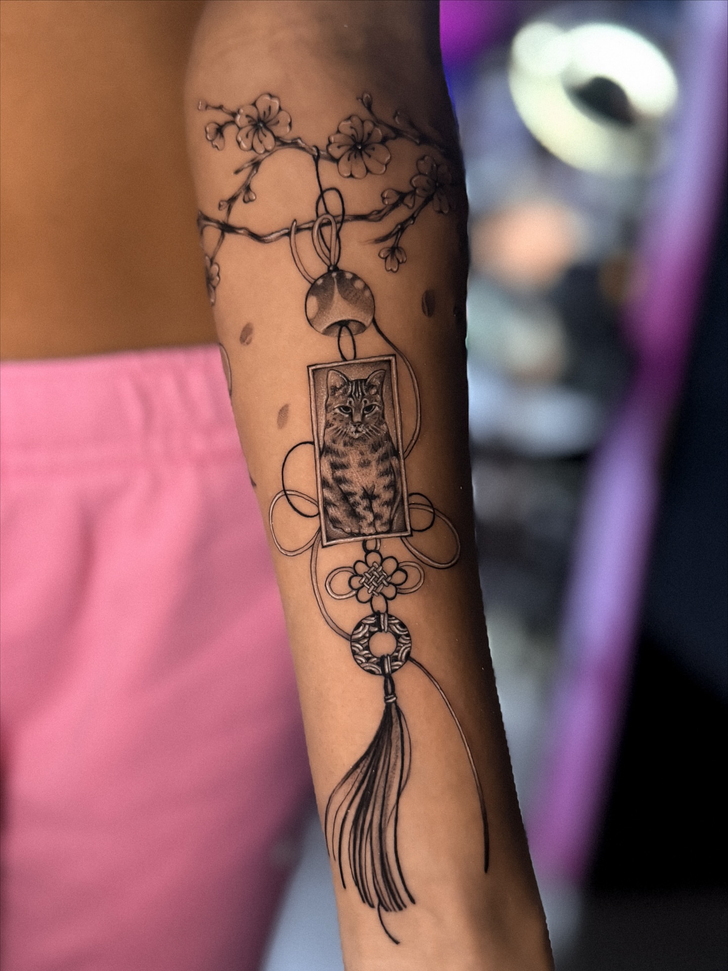 Cat and cherry blossoms geometric tattoo on the forearm by πππΉππππππππππππ