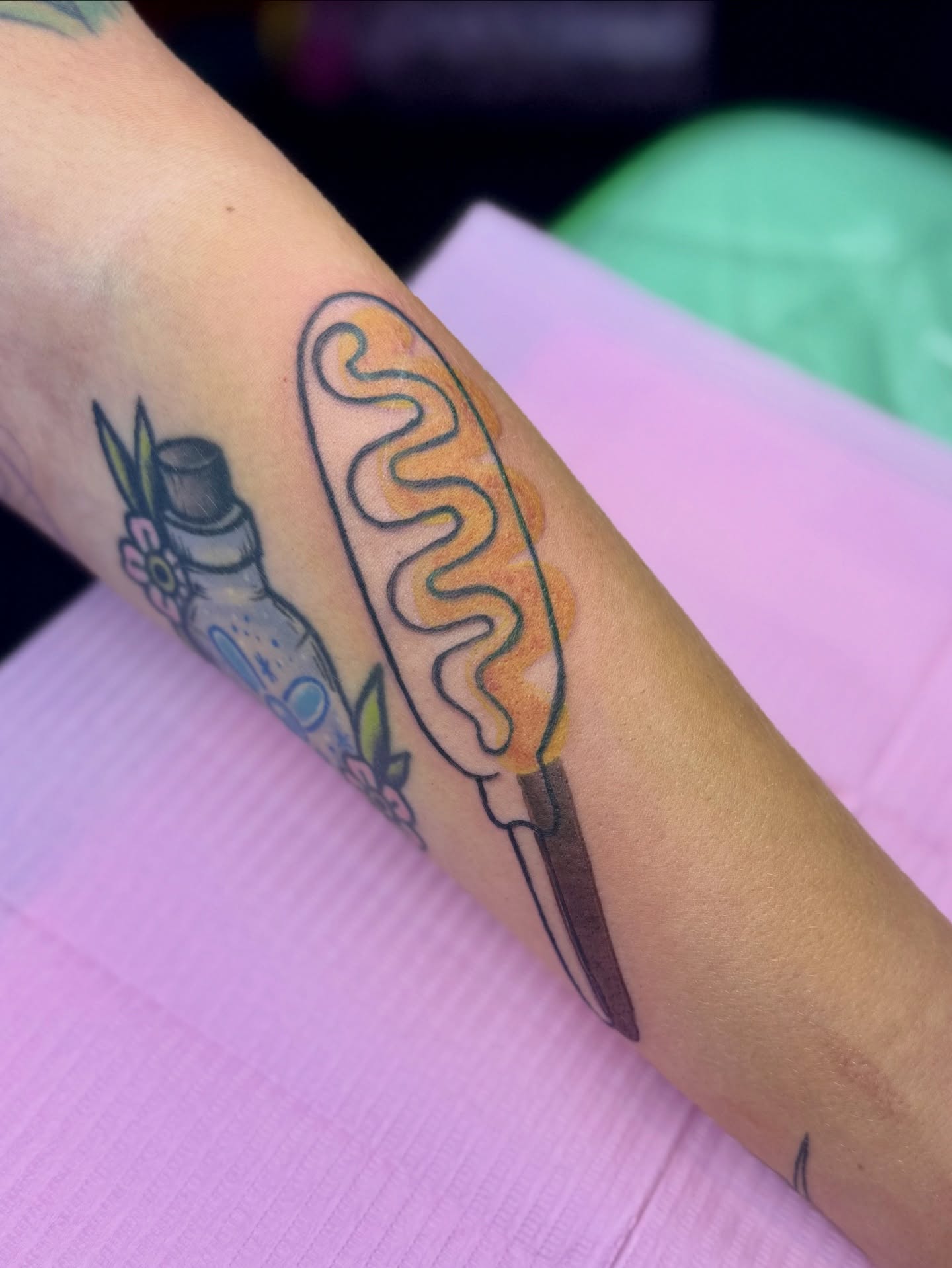 Hot dog American traditional tattoo on the forearm by Minxxy Tattoos