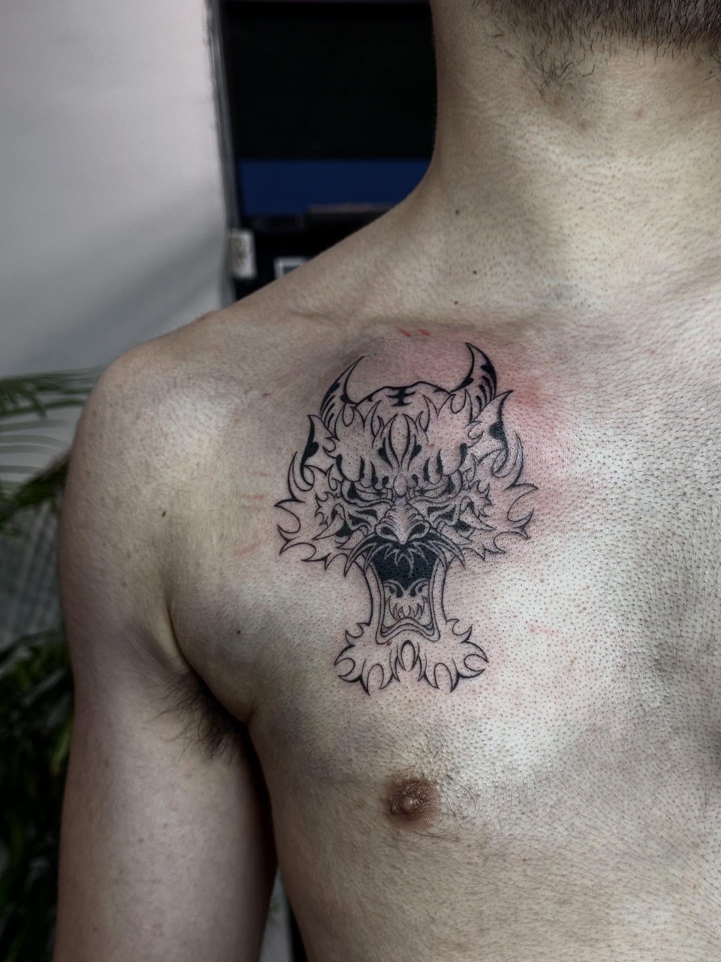 Demon black and grey tattoo on the chest by Nat🫧
