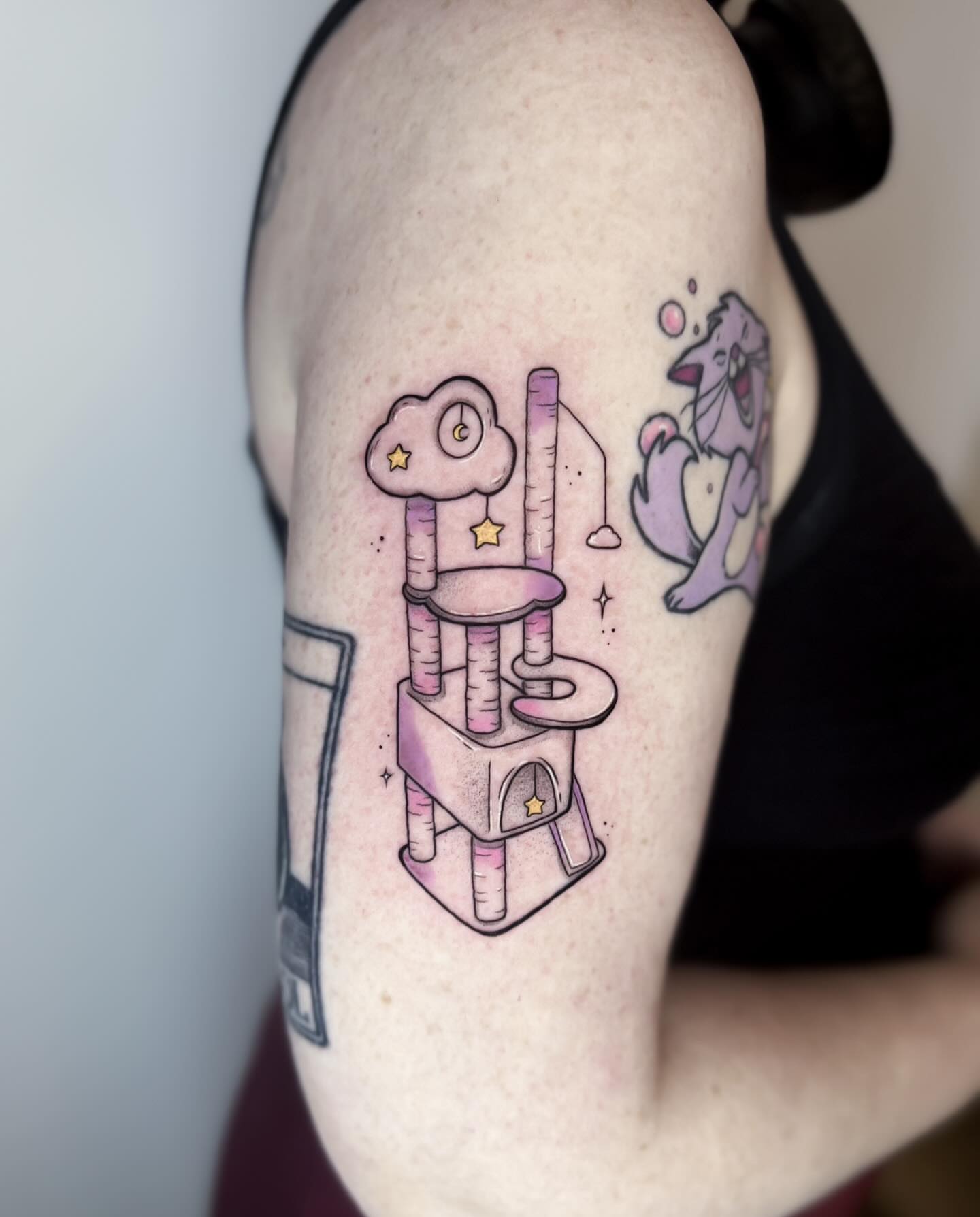 Cat tree dotwork tattoo on the forearm by Whimsical Tattoos