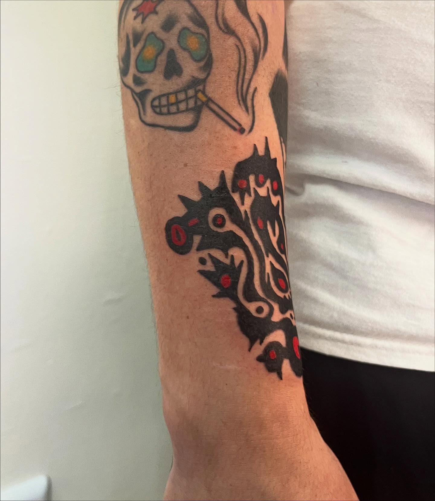 Skull smoking cigarette American traditional tattoo on the forearm by luce elias :