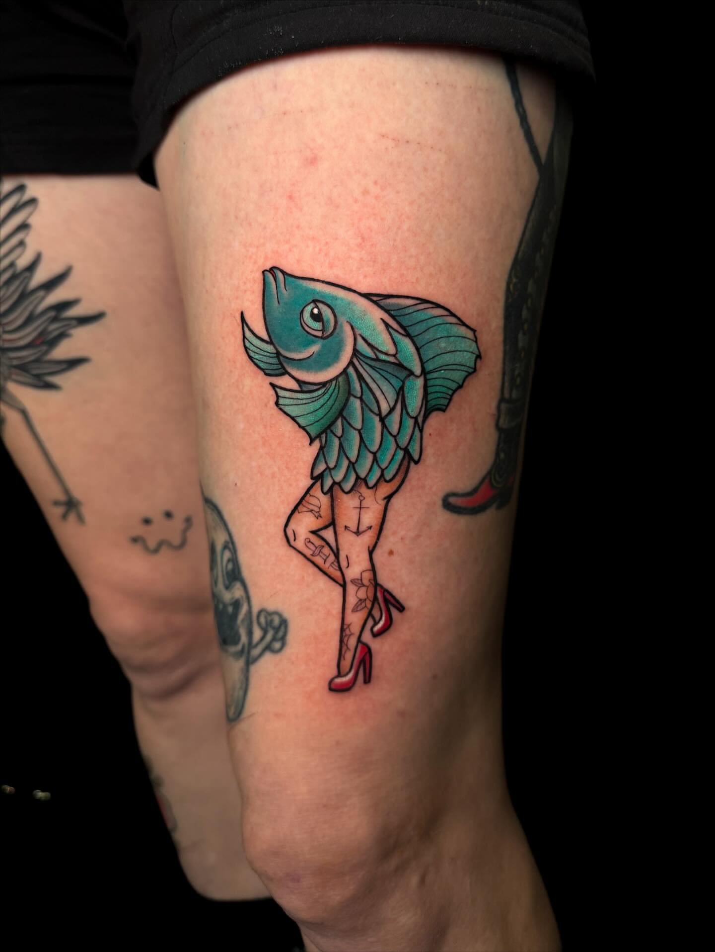 Fish woman new school tattoo on the thigh by Demi DiMartino