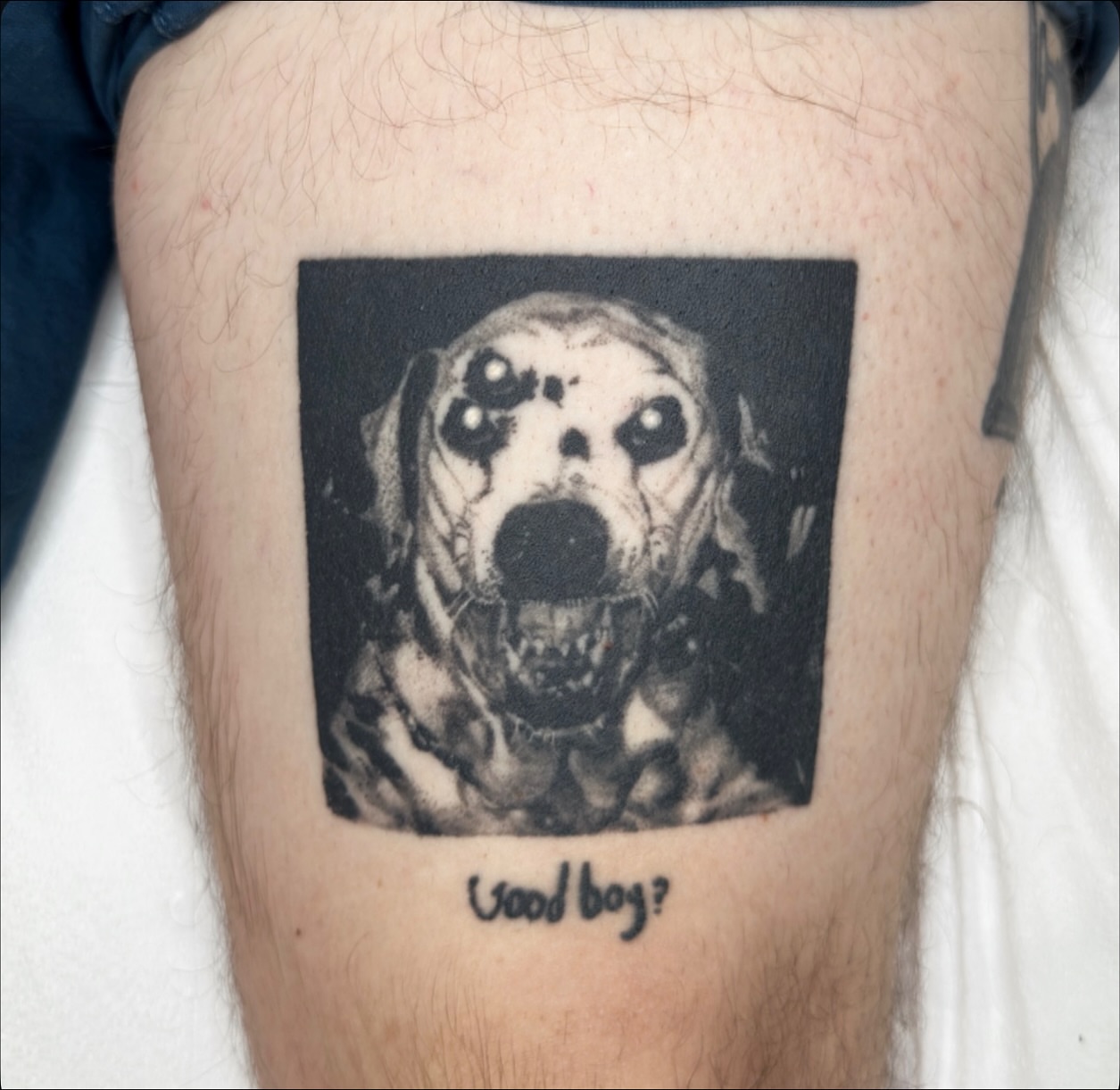 Dog black and grey tattoo on the thigh by πΈππππππ
