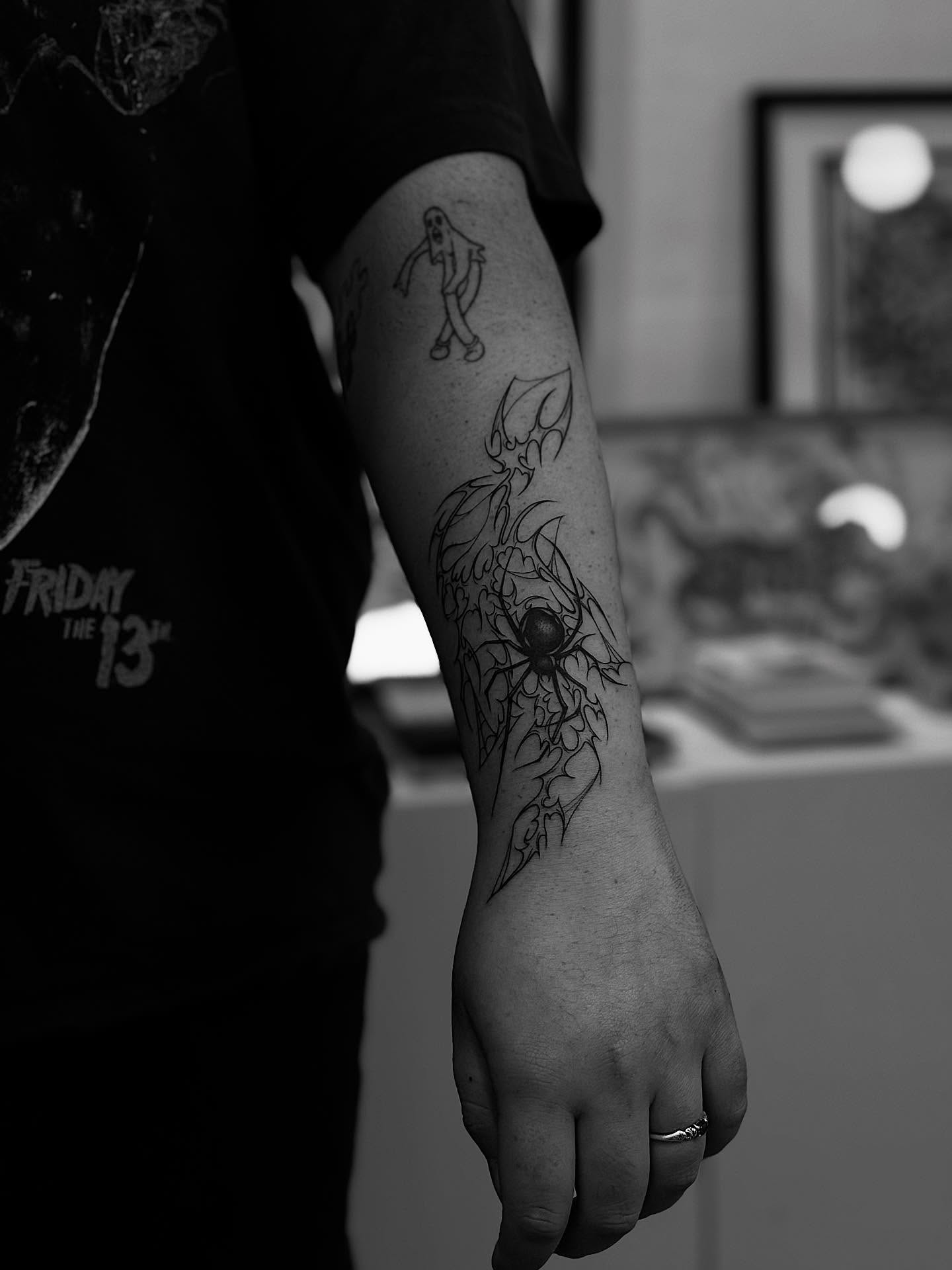 Spider web black and grey tattoo on the forearm by MISO ⟡ Bay Area Tattoo Artist