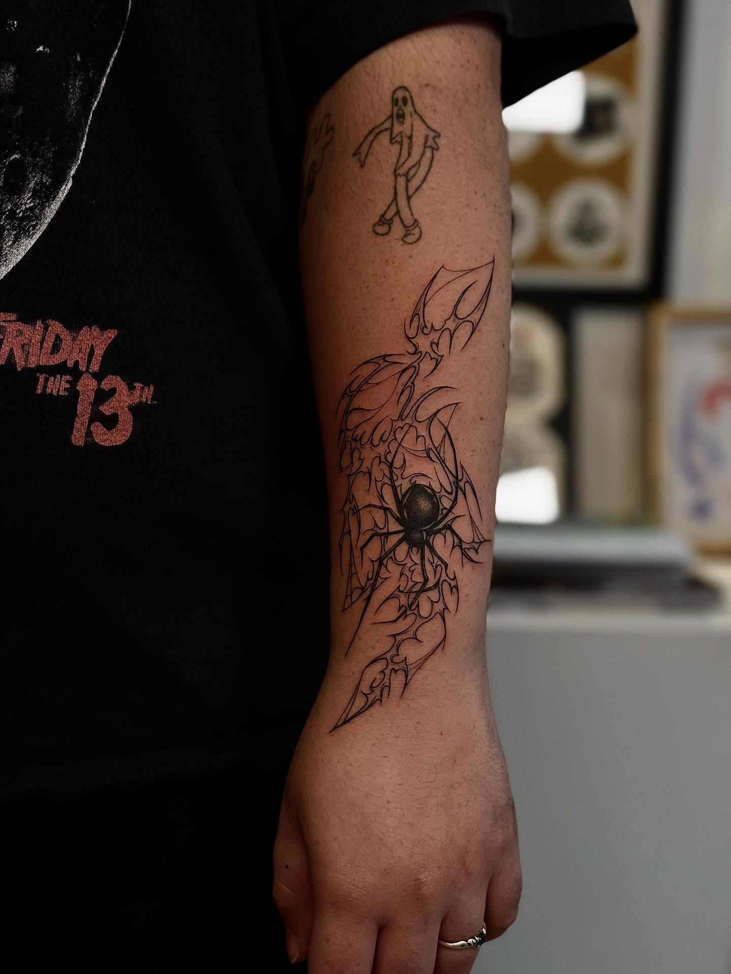 Spider web black and grey tattoo on the forearm by MISO ⟡ Bay Area Tattoo Artist