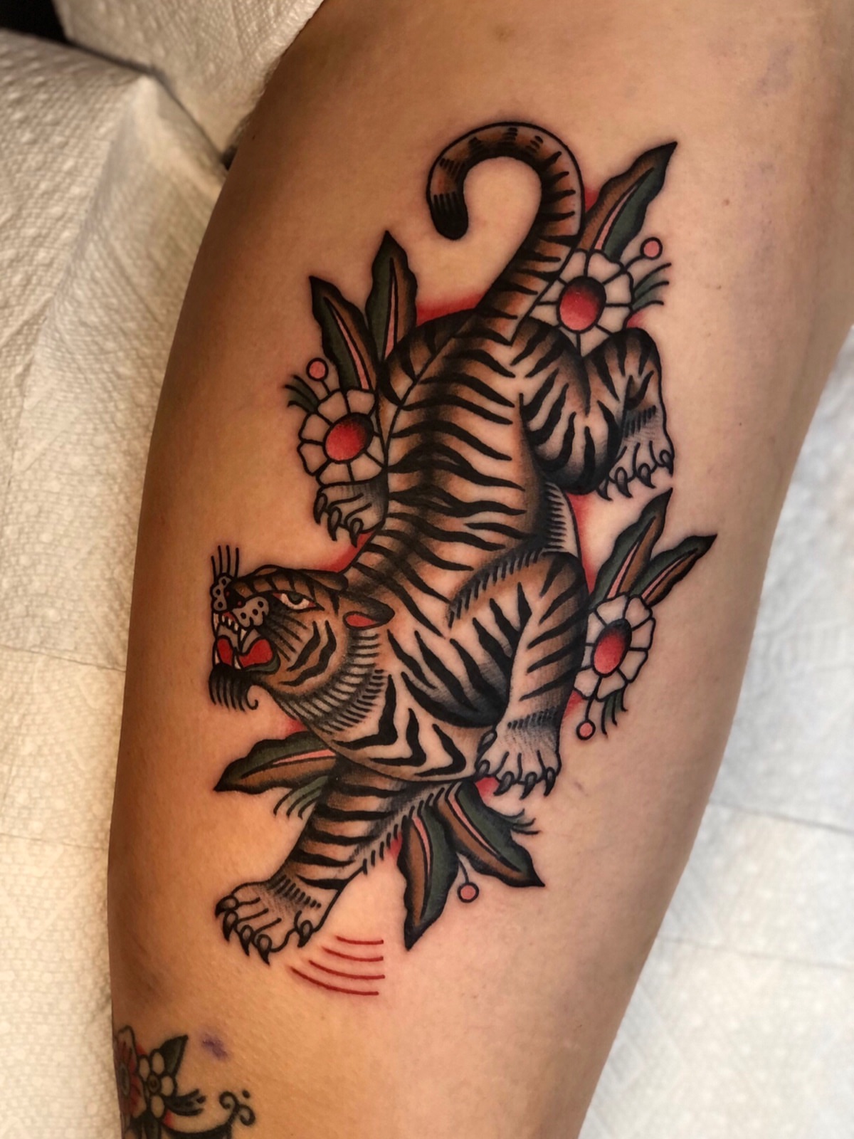 Tiger and flowers American traditional tattoo on the thigh by EVA Traditional Tattoos