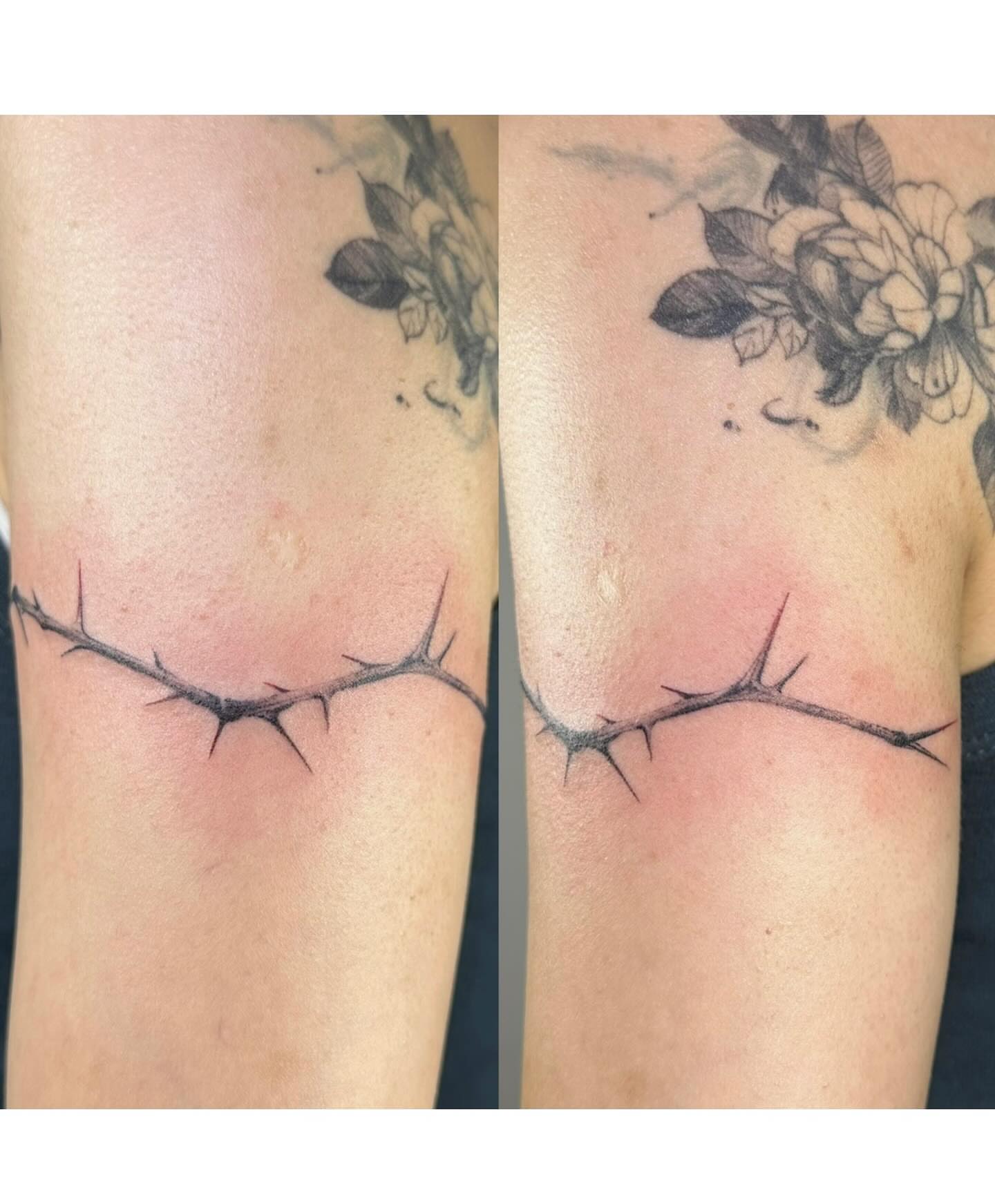 Thorn branch black and grey tattoo on the forearm by Tomato