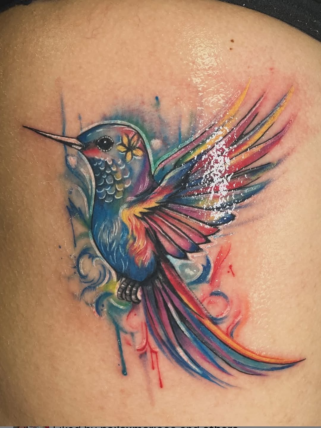Hummingbird with watercolor splashes watercolor tattoo on the back by Mi♥️Amor♥️Ink