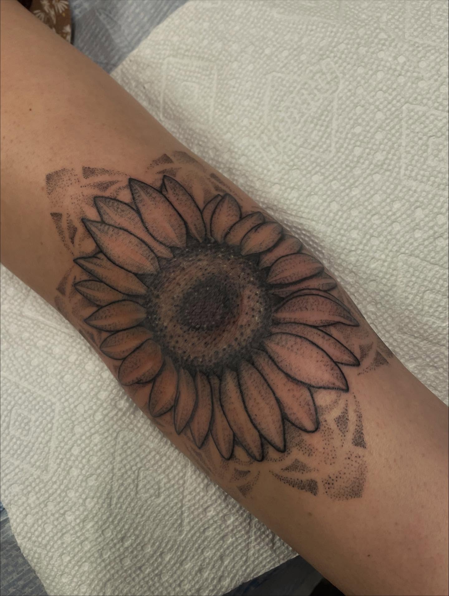 Sunflower dotwork tattoo on the forearm by Andres Patino 🇪🇨🇺🇸