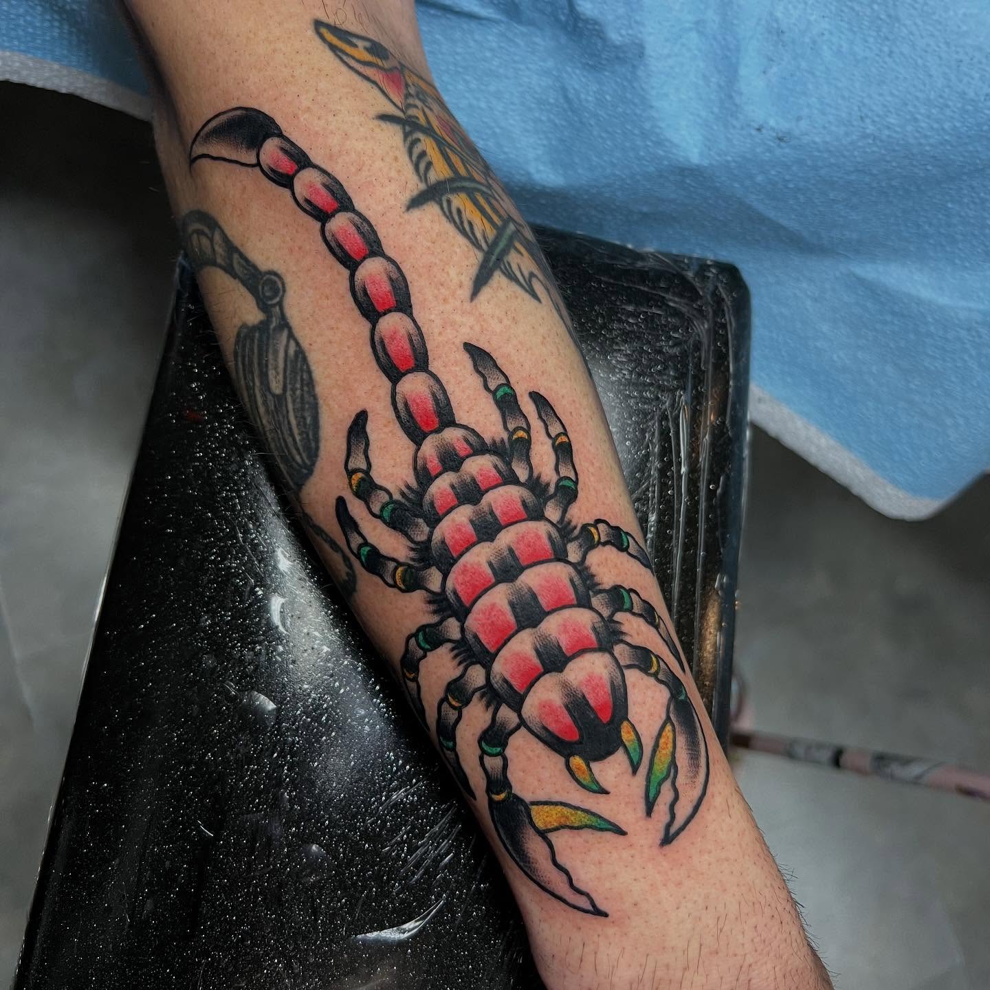 Scorpion American traditional tattoo on the forearm by doodle