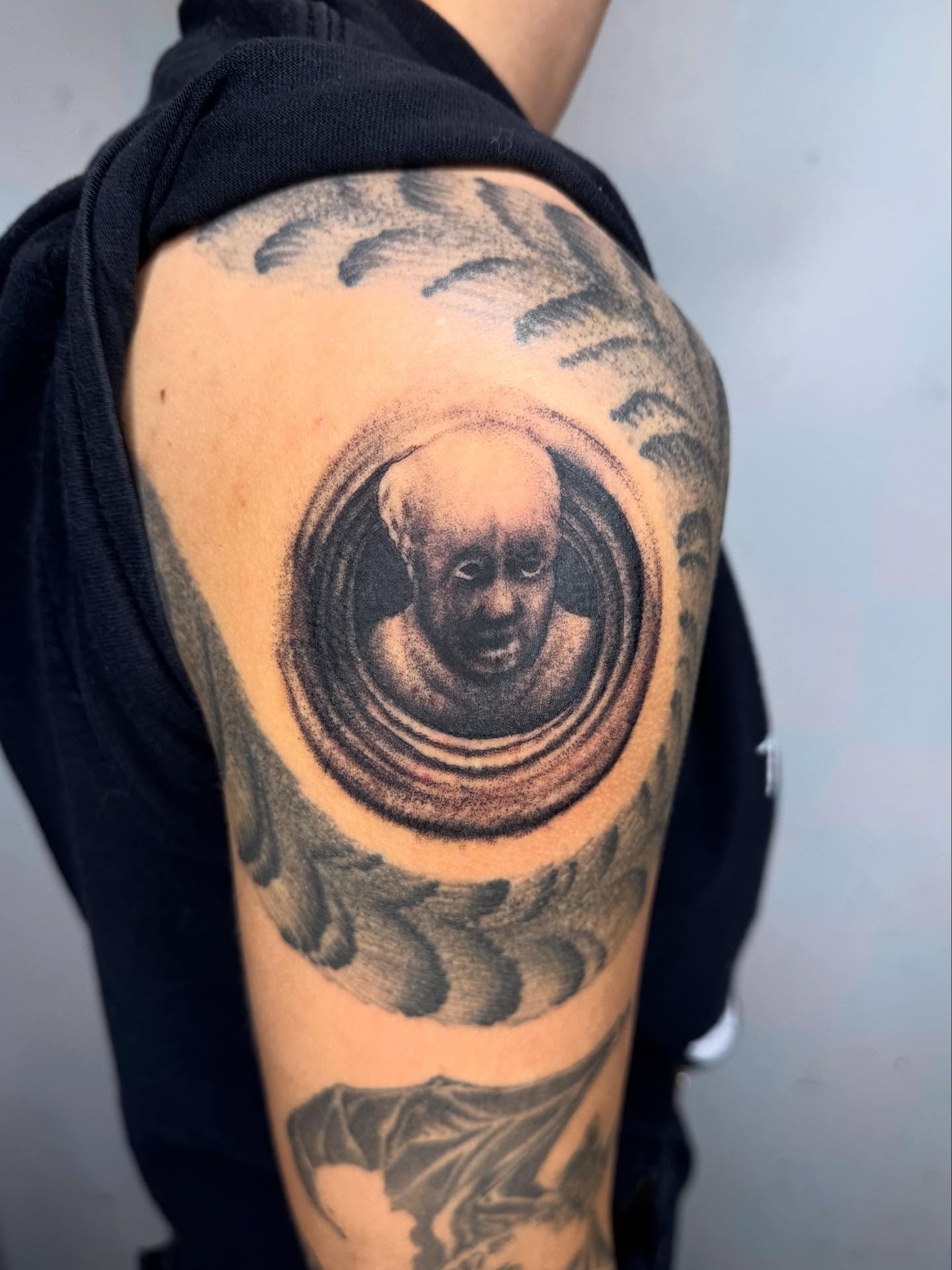 Astronaut dotwork tattoo on the shoulder by @mr.smiley___