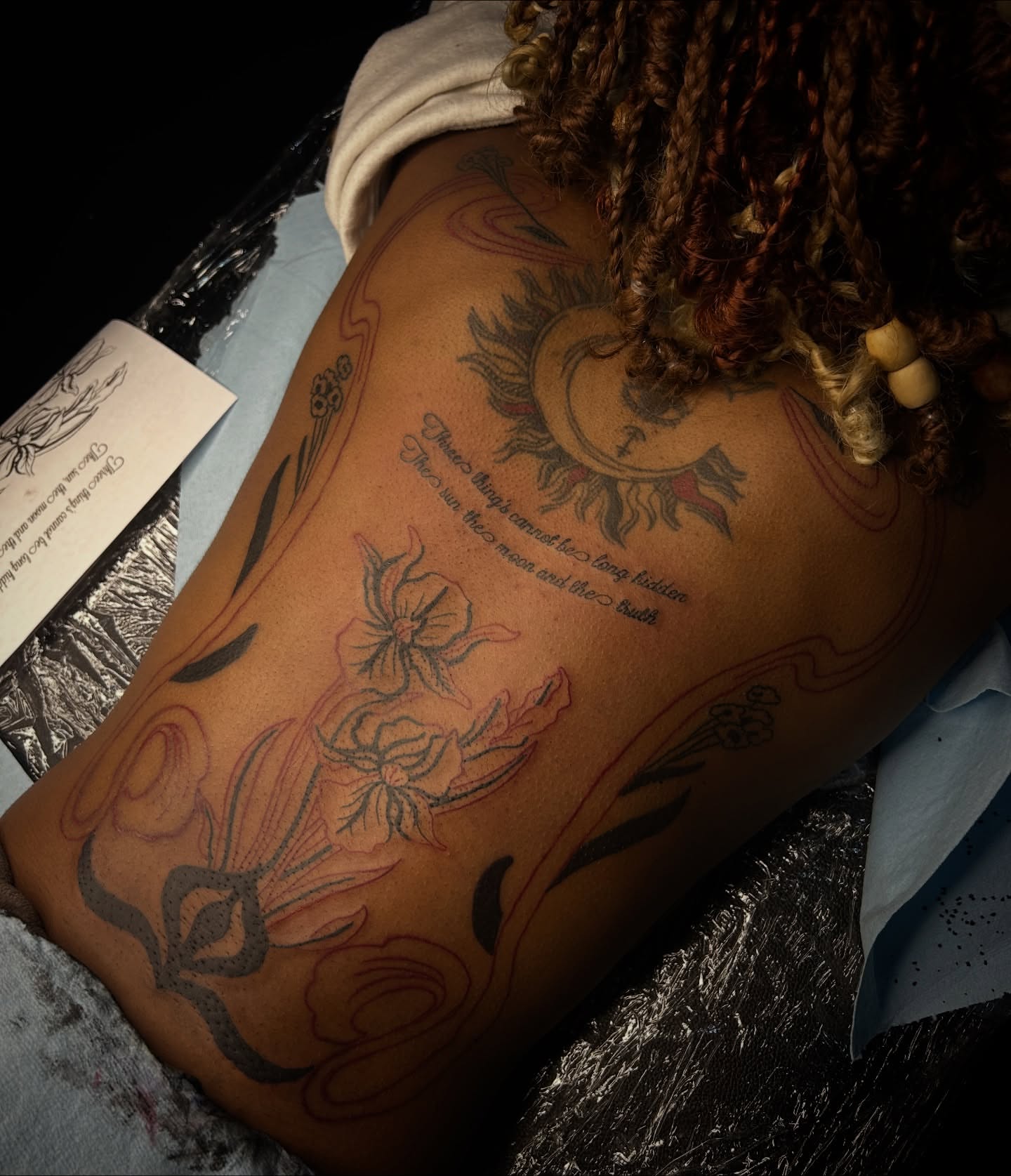 Sun and moon American traditional tattoo on the thigh by Cleveland Tattoo Artist, Cleveland, Ohio