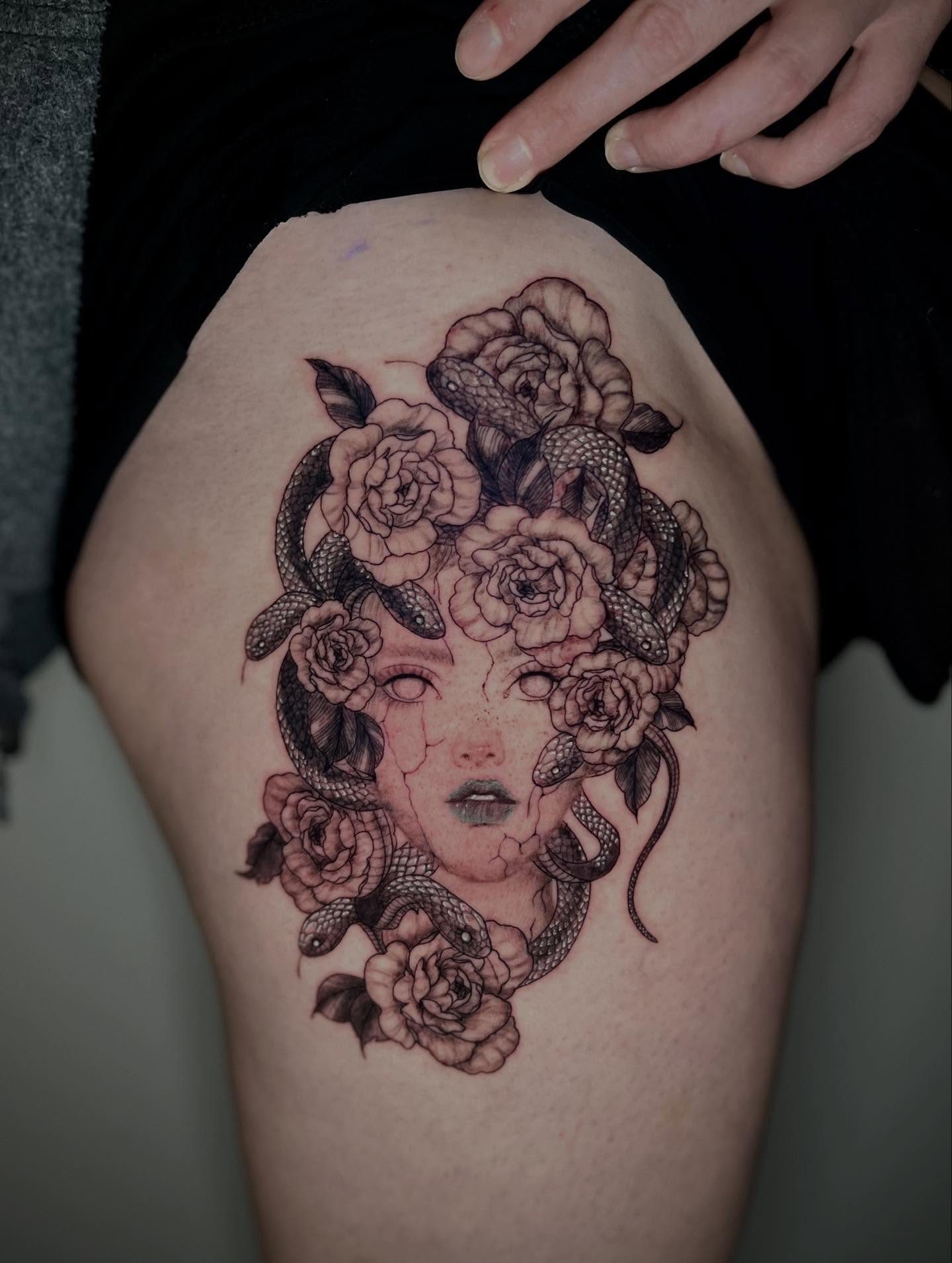 Medusa neo-traditional tattoo on the thigh by Cat girl tattoo