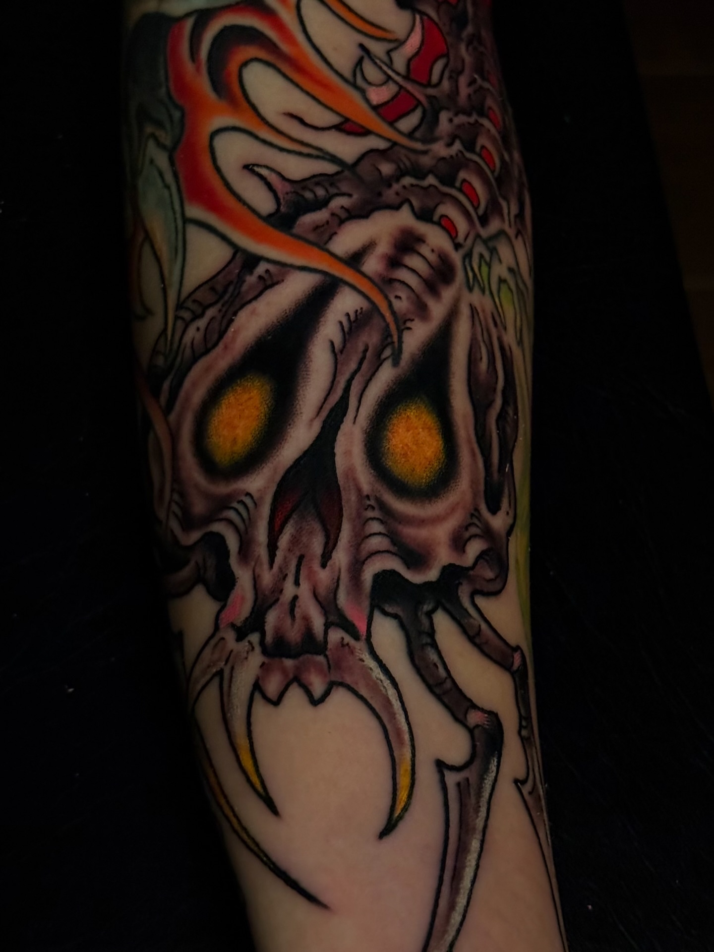 Skull American traditional tattoo on the forearm by Waylon