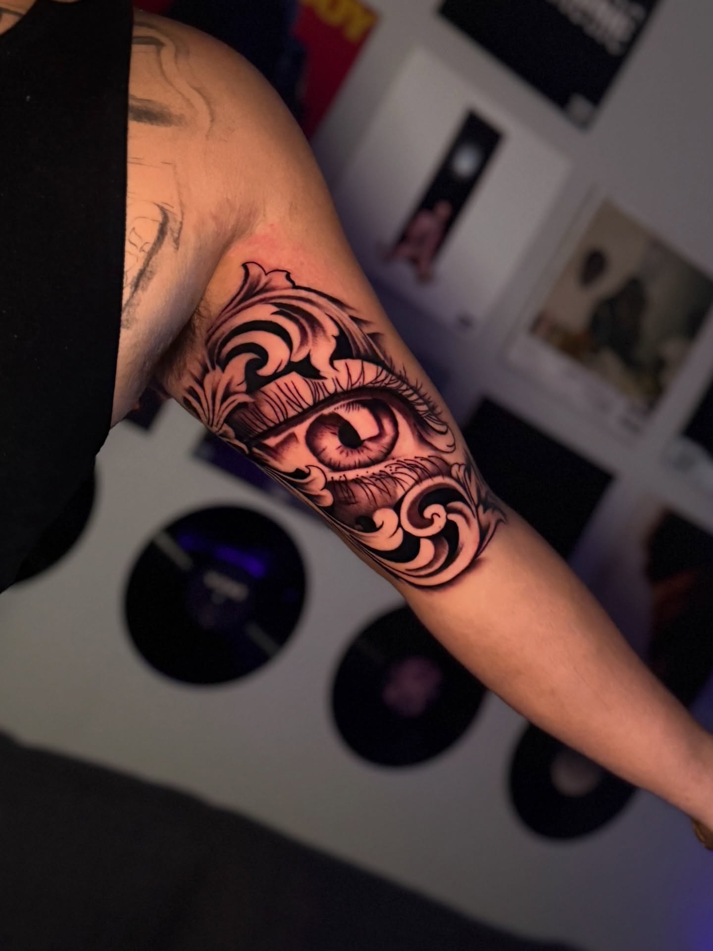 Eye with floral ornamentation neo-traditional tattoo on the forearm by InkbyCasillas