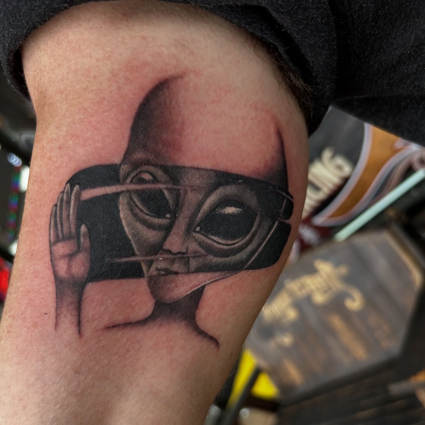 Alien mask realism tattoo on the forearm by Tattoos by Corey aka MrLu
