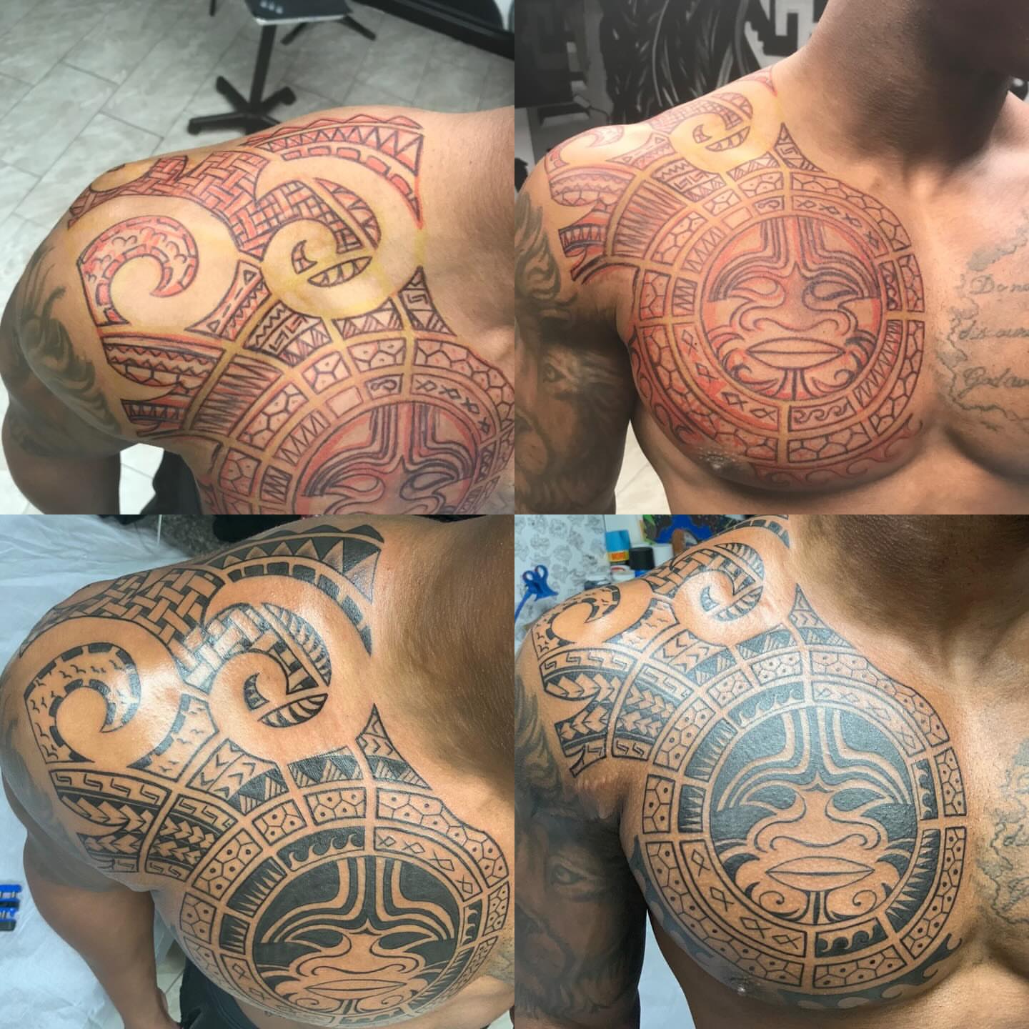 Tribal mask tribal tattoo on the chest by Shane Montie, Killeen, Texas