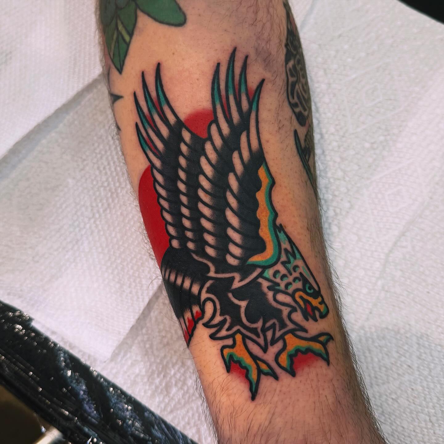 Eagle American traditional tattoo on the forearm by Benjamin Ward