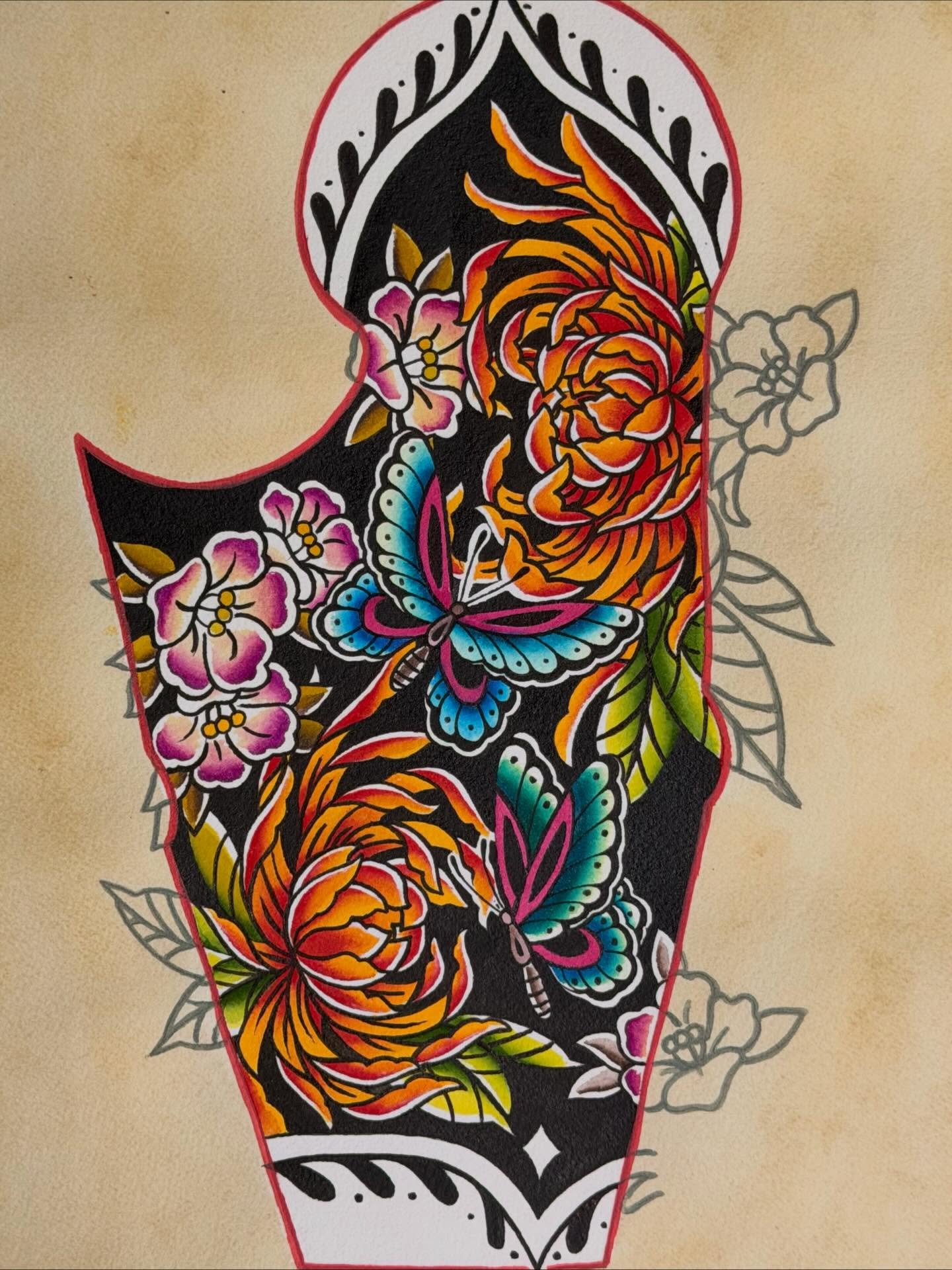 Floral bouquet American traditional tattoo on the forearm by April Morris ⚔️ Tattoo Goblin