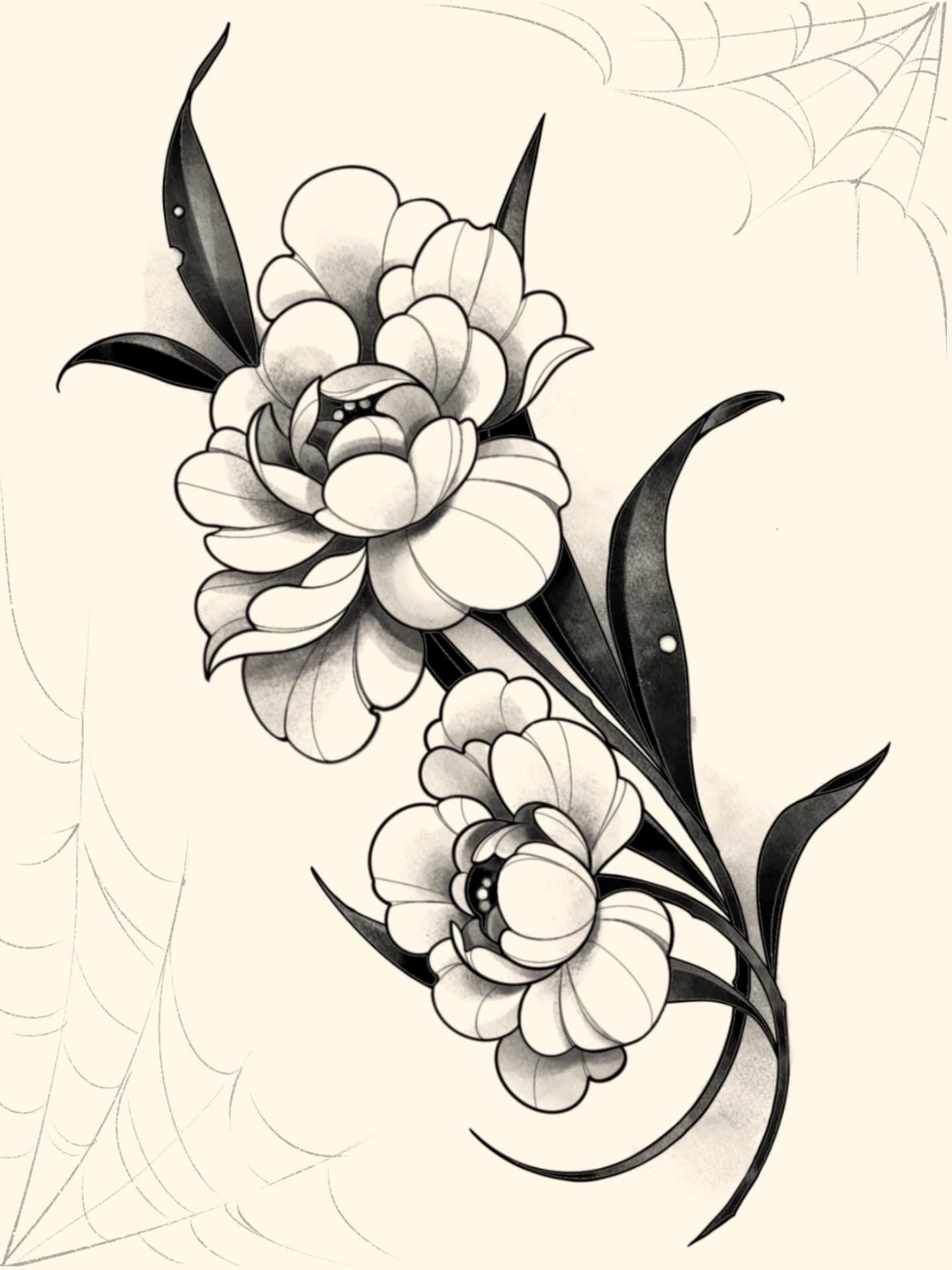 Peony flowers black and grey tattoo by kuna ink