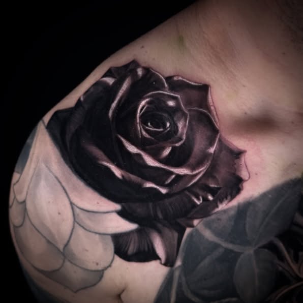 Rose realism tattoo on the shoulder by Lindsey Lane, Dallas, Texas