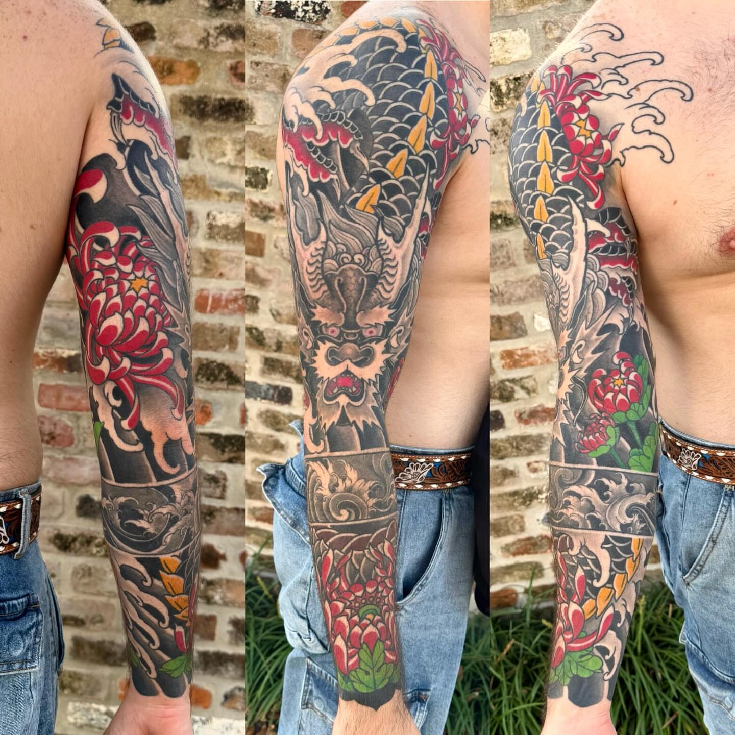 Dragon and chrysanthemum japanese irezumi tattoo on the upper arm by Jeremy Justice, New Orleans, Louisiana