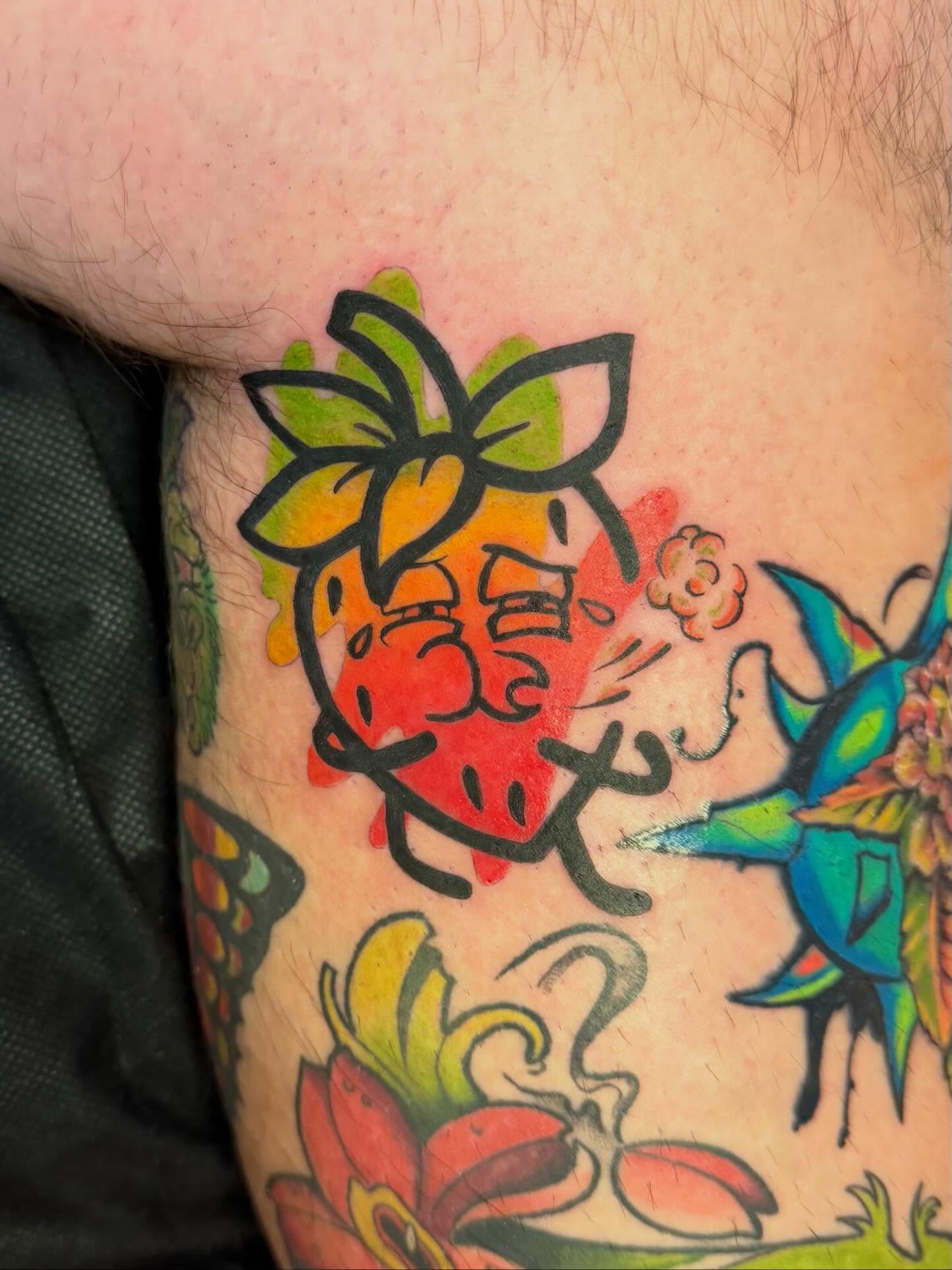 Strawberry American traditional tattoo on the upper arm by ✨Jen Lochbihler✨, Dickson, Tennessee