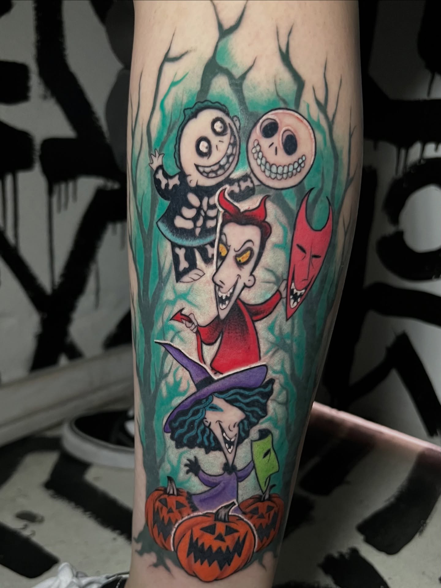 Halloween characters illustrative tattoo on the calf by Brittney