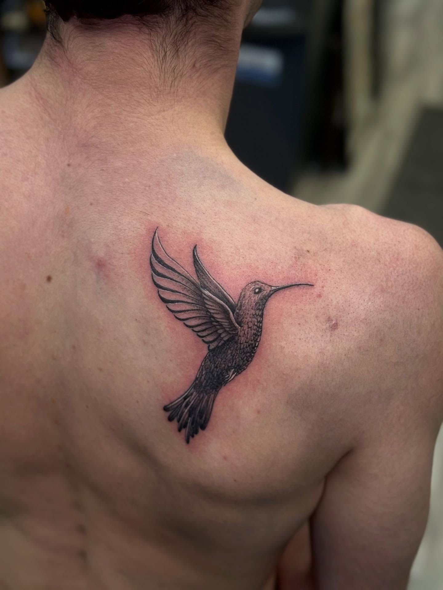 Hummingbird black and grey tattoo on the back by Khang🇻🇳