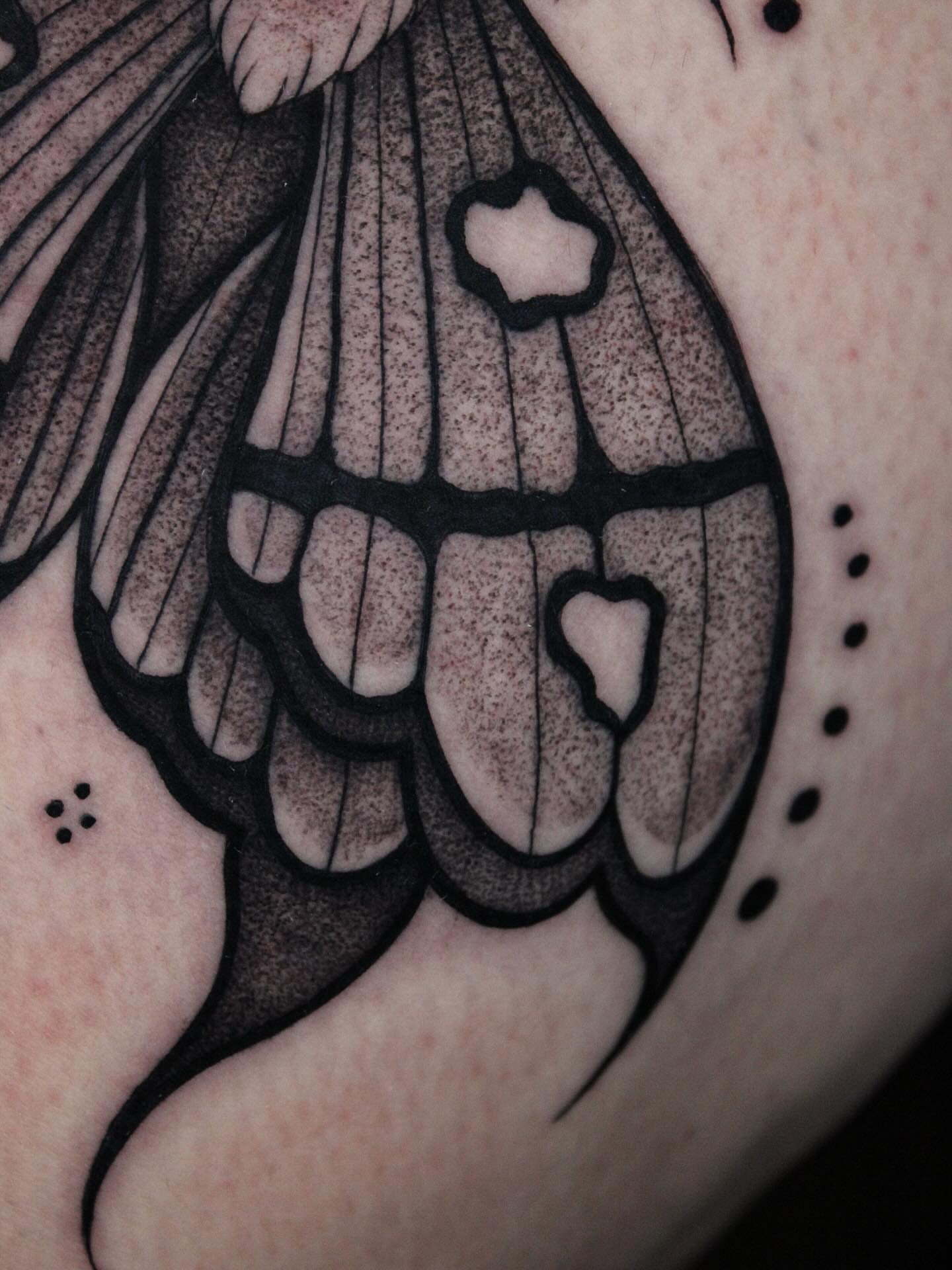 Moth wings dotwork tattoo on the upper arm by 𝕵𝖎𝖒𝖎 𝕯𝖊𝕽𝖔𝖘𝖆🥀, Everett, Washington