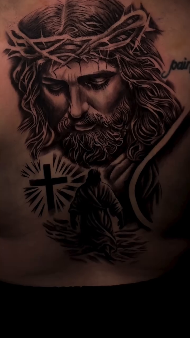 Jesus Christ with crown of thorns realism tattoo by Thomas